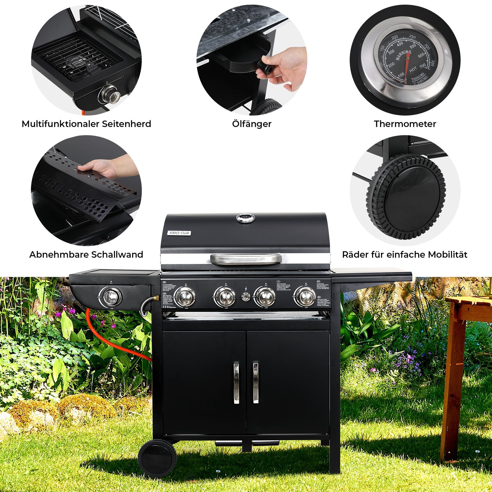 Femor Gasgrill, 4+1 Brenner Gasgrill aus Edelstahl mit Seitenkochfeld mit Thermometer