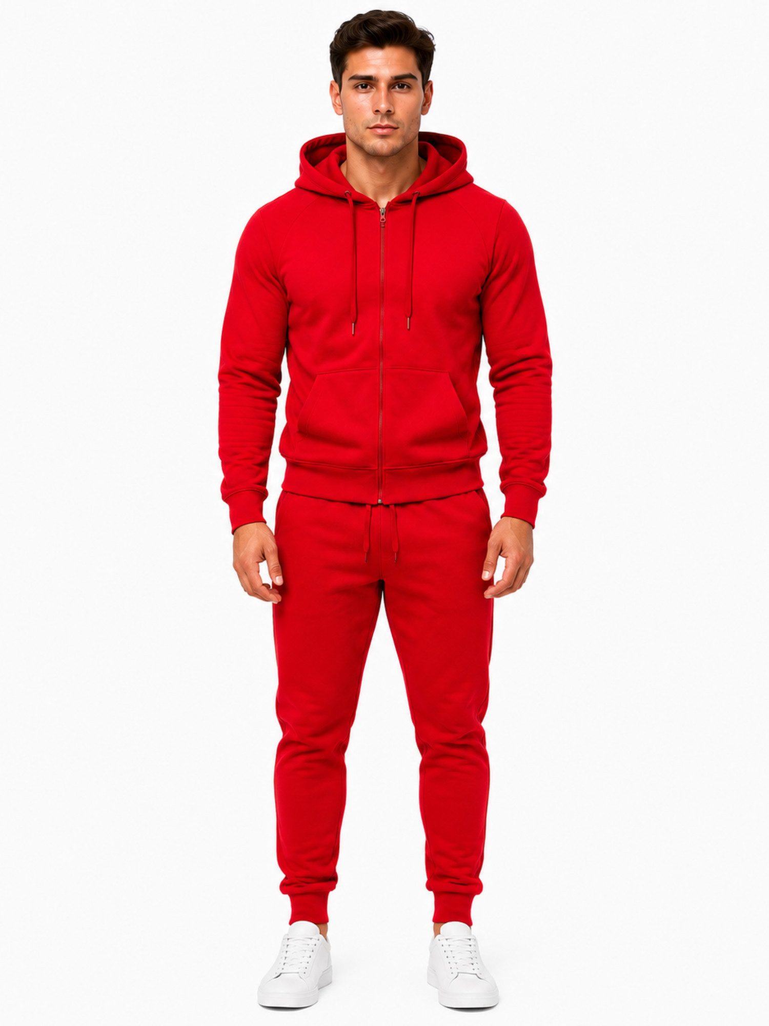 L.gonline Freizeitanzug Herren Jogginganzug einfarbig 100% BW 586 Rot L (Kapuzenjacke mit Reißverschluss, Hose, 2-tlg), Fitness Freizeit Casual