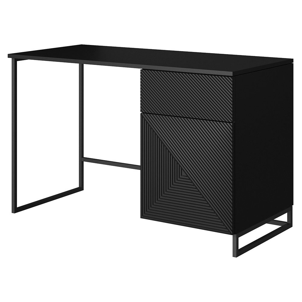 Lomadox Schreibtisch ADARE-141, 120 cm breit, schwarz matt mit schwarzem Metallgestell, gerillte Front