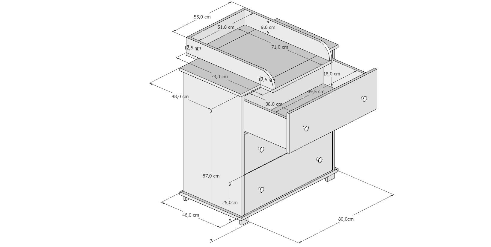 Kids Collective changing table/chest of drawers with removable changing top, with 3 drawers in white, Made in Europe
