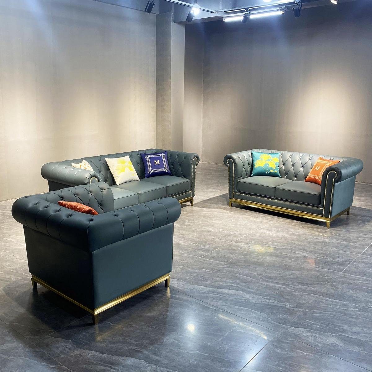 Couch Sofa Sofa Set Chesterfield in Made Europe Blaue Luxus JVmoebel 3+2+1, Garnitur Moderne