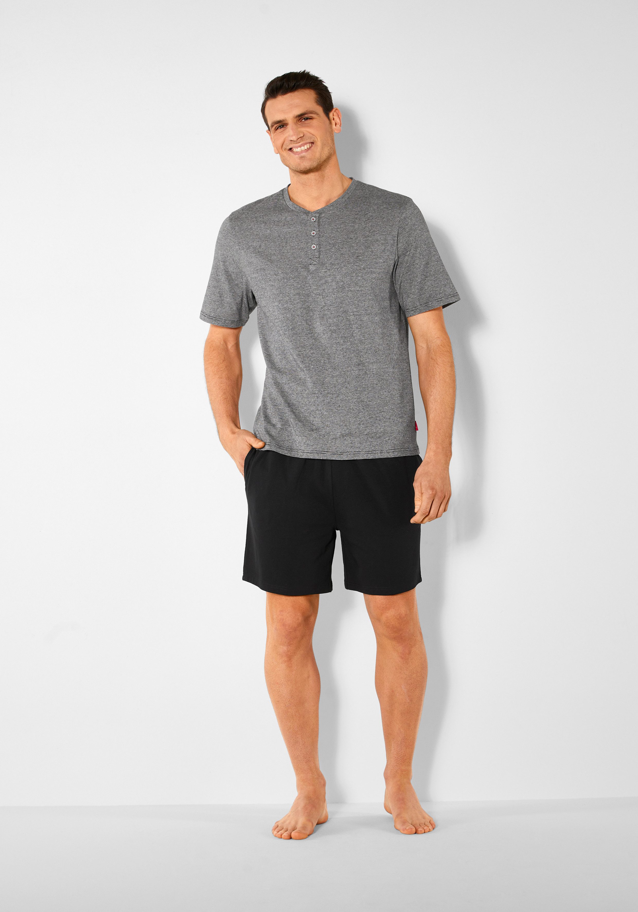 s.Oliver Pyjama (2 tlg., 1 Stück) Schlafanzug in Melange-Optik mit Knopfleiste