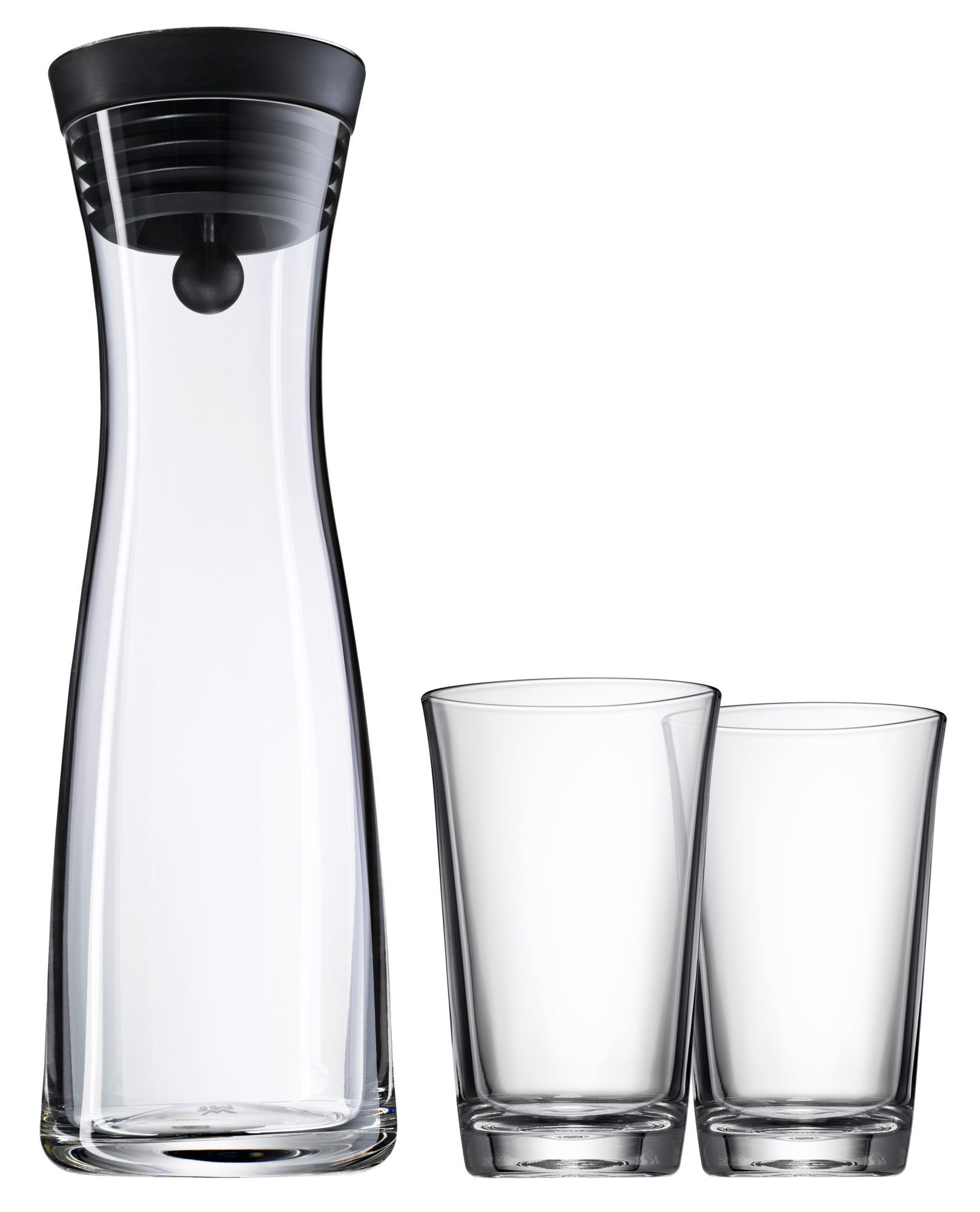 WMF Wasserkaraffe Basic, (1x Karaffe Glas mit Deckel (Volumen 1,0l, Höhe  30,2 cm, Ø Deckel 8,8 6,0 Boden 9,5 cm), 1x Silikondeckel mit  Closeup-Verschluss, 2x Gläser (Volumen 250ml), 3-tlg., 1x Karaffe Glas