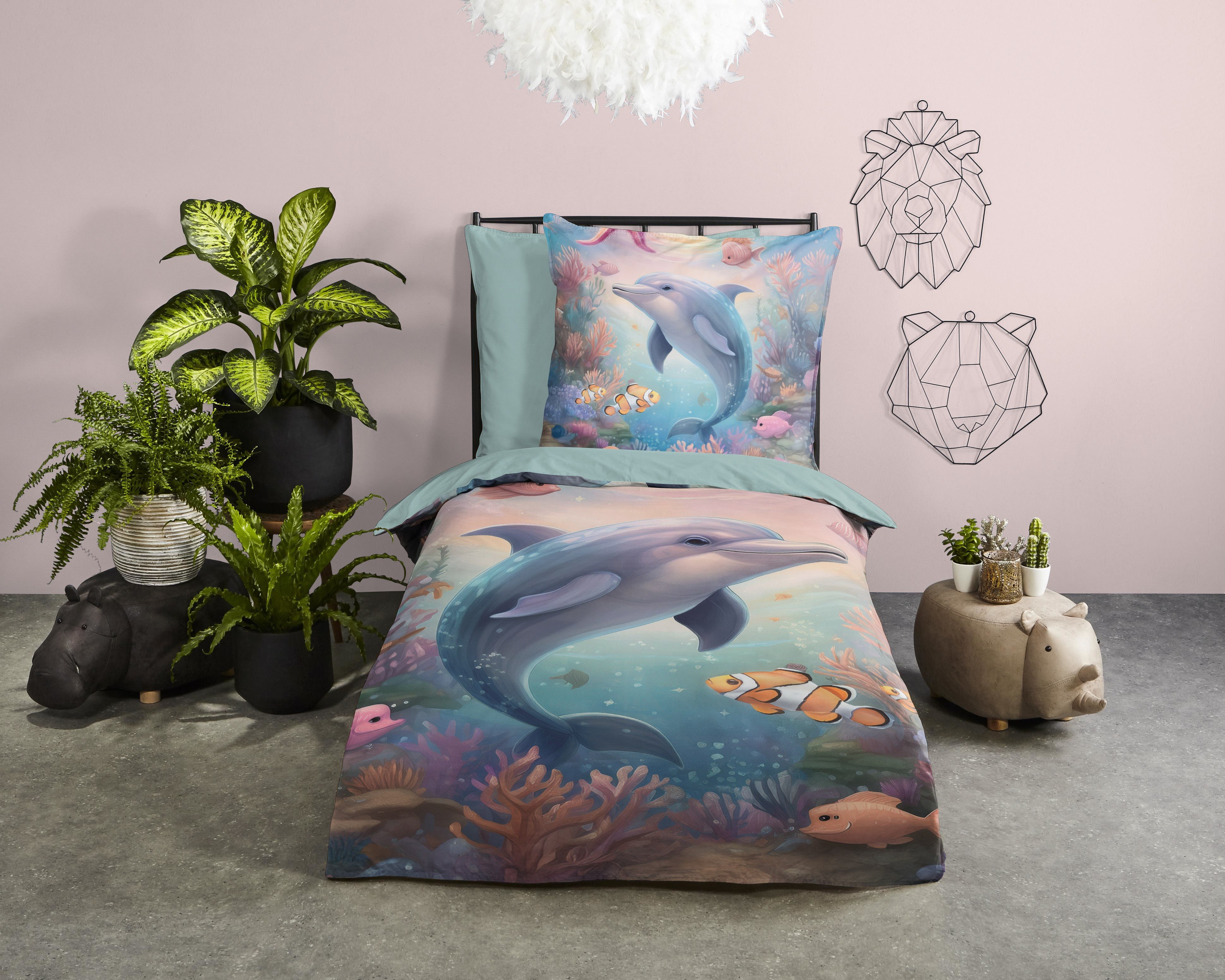 good morning Kinderbettwäsche Baya, Renforcé, 2 teilig, Baumwolle, Renforcé, 135x200, Wendeoptik, Kind, Delfin, Blau