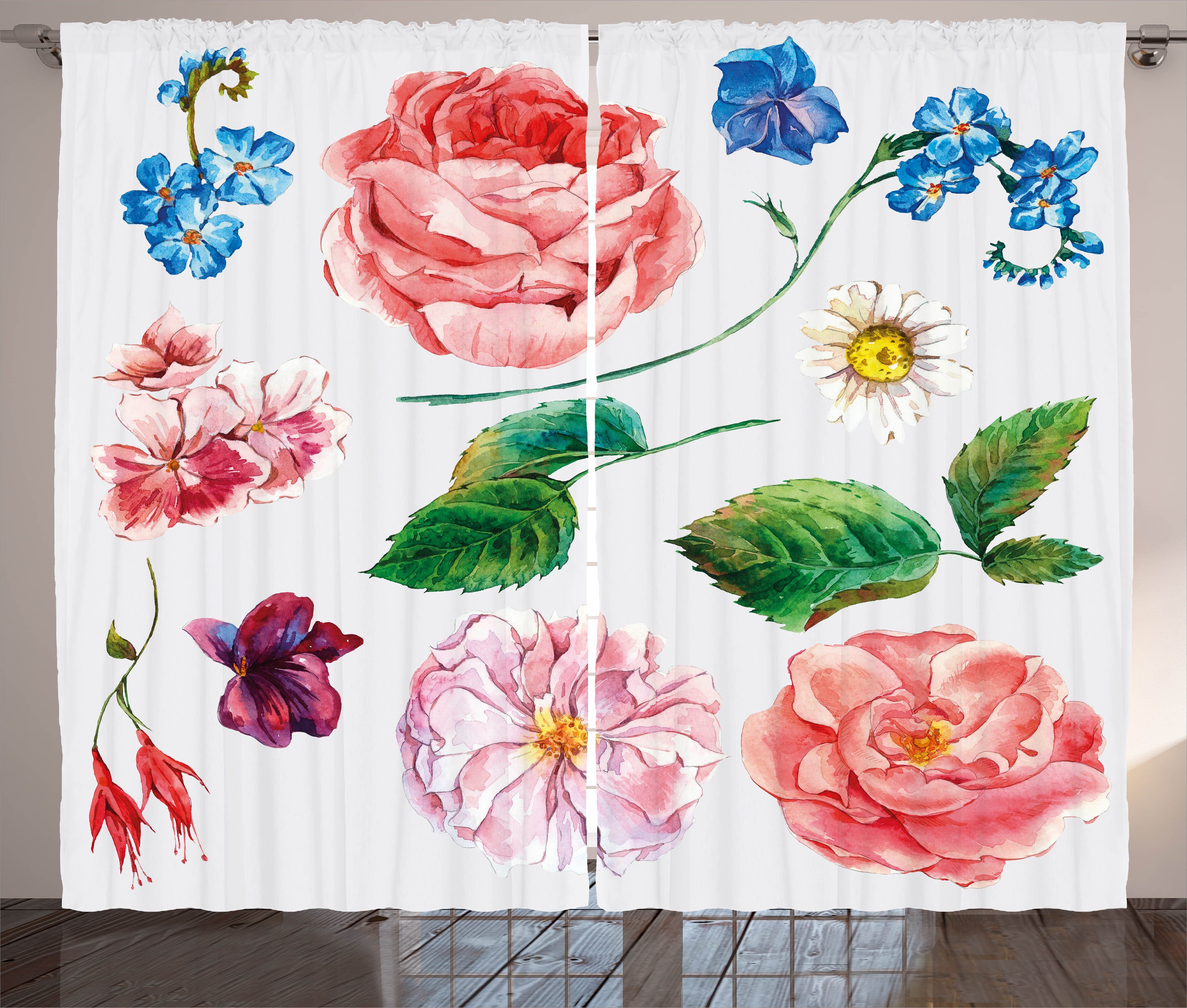 Schlaufen Abakuhaus, Bouquet Haken, Blumen Schlafzimmer Set Gardine mit Vorhang und Kräuselband Rose mit