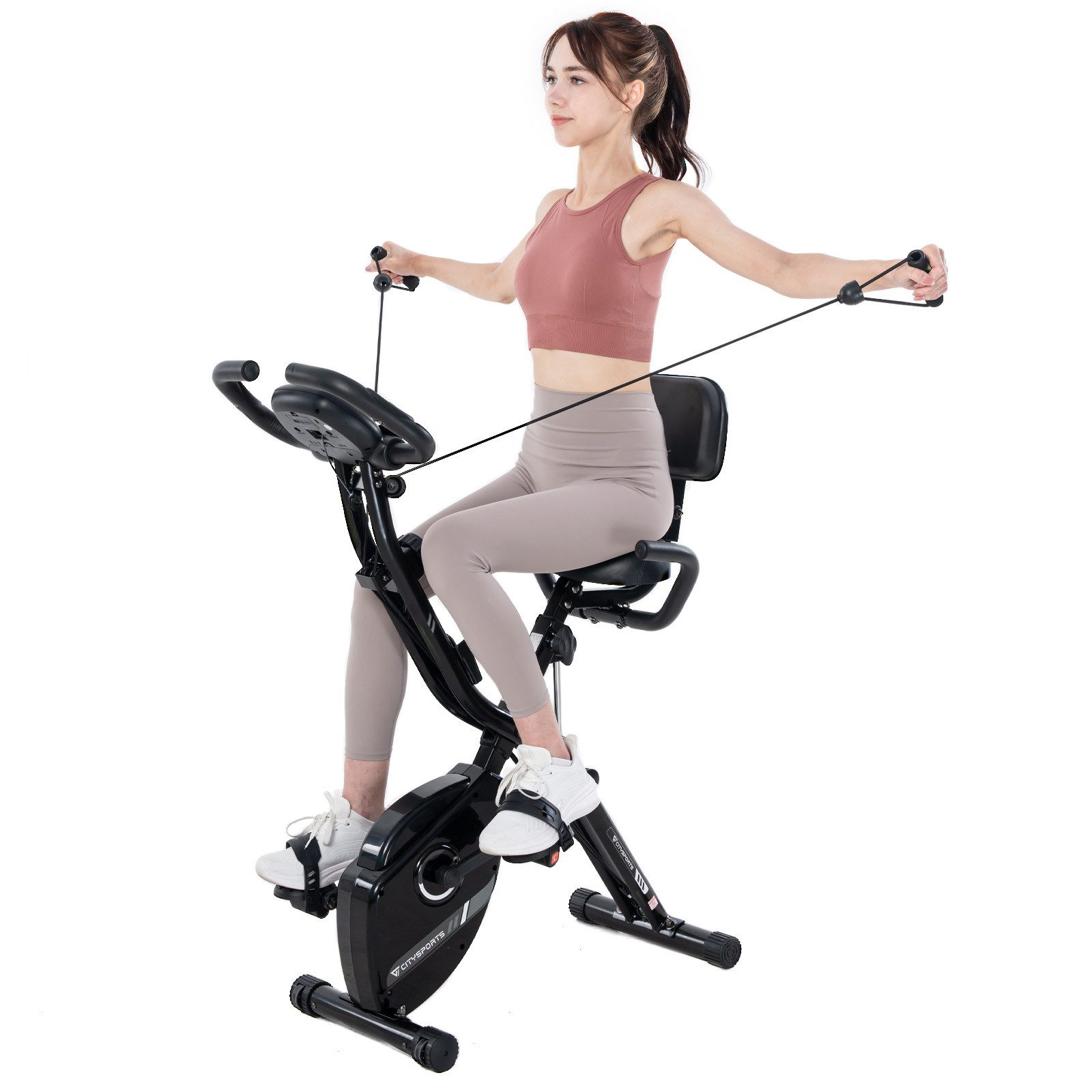 CITYSPORTS Heimtrainer X-Bike klappbar für Zuhause, LCD-Display mit Pulsmessung, Rückenlehne, mit Zugbändern, 12 Widerstandsstufen, Magnetbremse, bis 120 kg