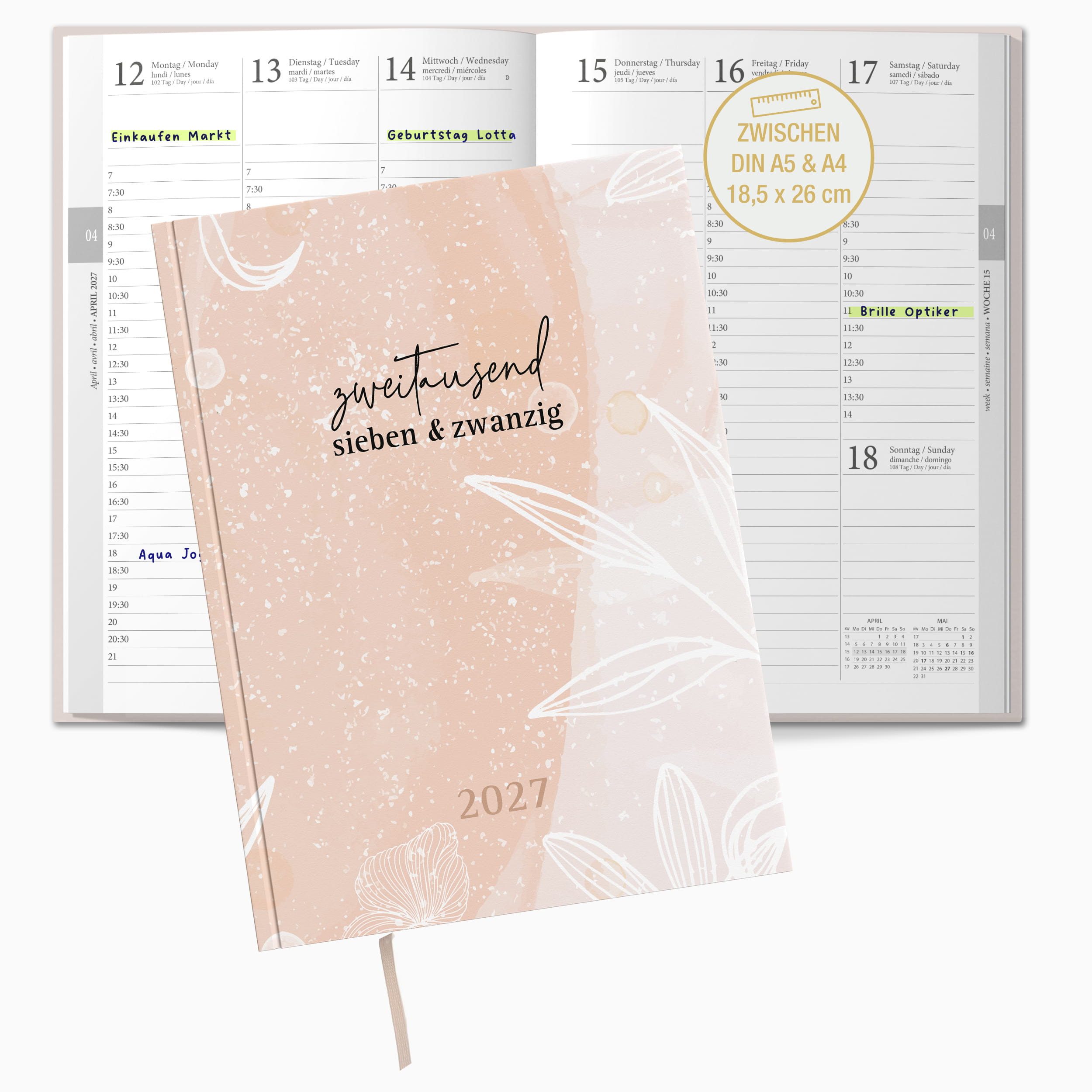 TOBJA Buchkalender Buchkalender 2027 Wochenplaner rosa Aquarell OptiPlaner Rosé FSC, Aquarell-Design altrosa, 30-Min-Taktung, 18,5x26 cm, FSC, 4-sprachig