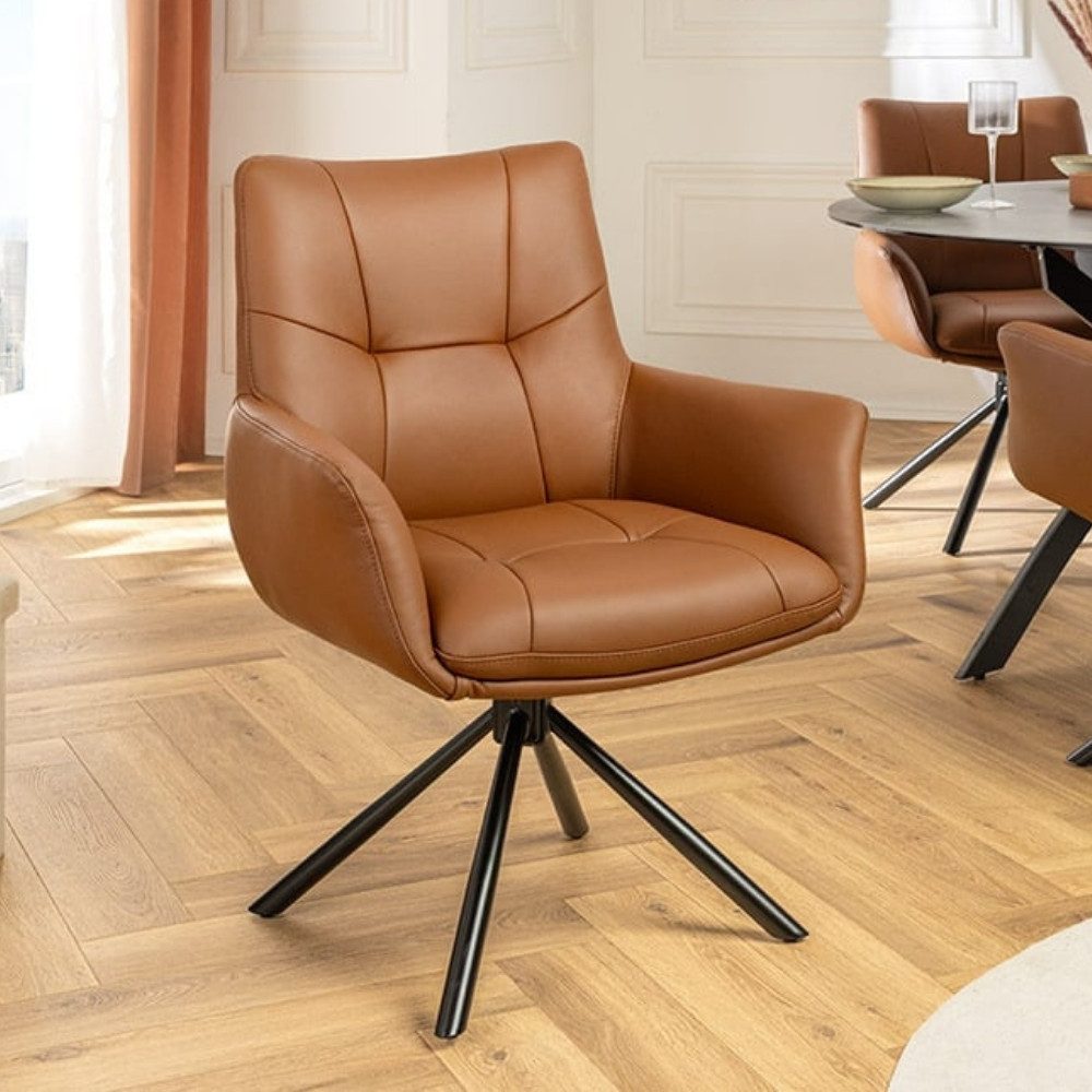 LebensWohnArt Stuhl Drehbarer 360° Echtleder Stuhl SIGN cognac Federkern mit Armlehne