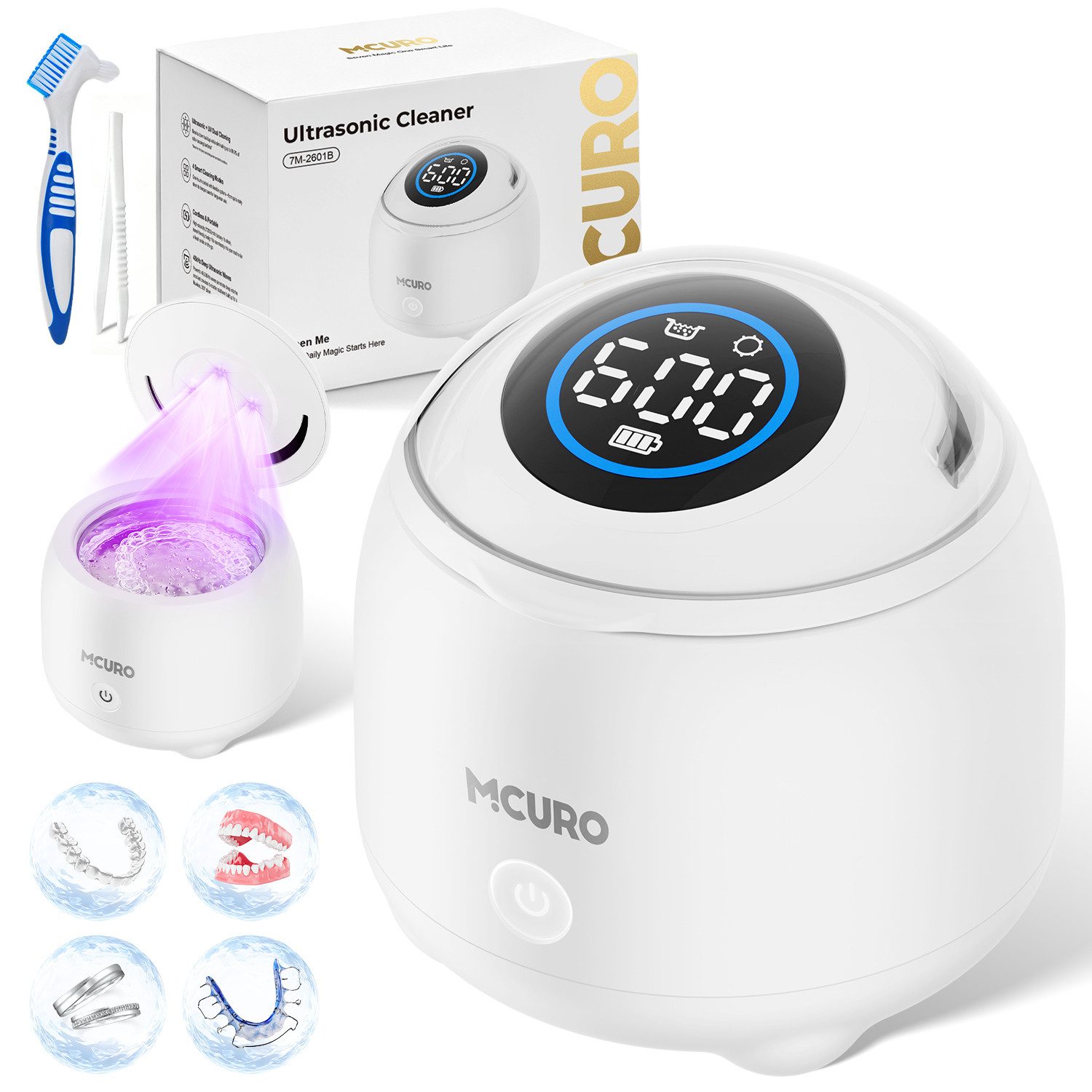 MCURO Ultraschallreiniger Ultraschallreinigungsgerät 48000Hz, 4 Modi, 200ml – für Zuhause & Büro, 4UV 254nm, 360° Reinigung, Kompakt/ Leise, inkl. 6 Reinigungstabletten