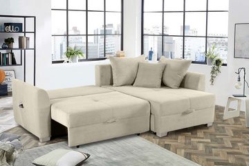 luma-home Ecksofa 15201, mit Bettkasten 236x160 cm, Bettfunktion, Ottomane links oder rechts, Cord, Beige Grau