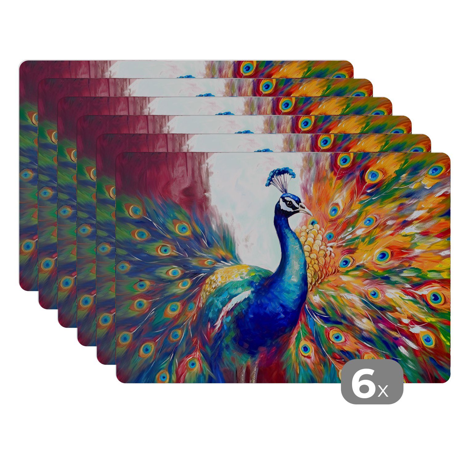 Platzset, Pfau - Tiere - Malerei - Regenbogen, MuchoWow, (6-St), Platzset, Platzdecken, Platzmatte, Tischmatten, Schmutzabweisend