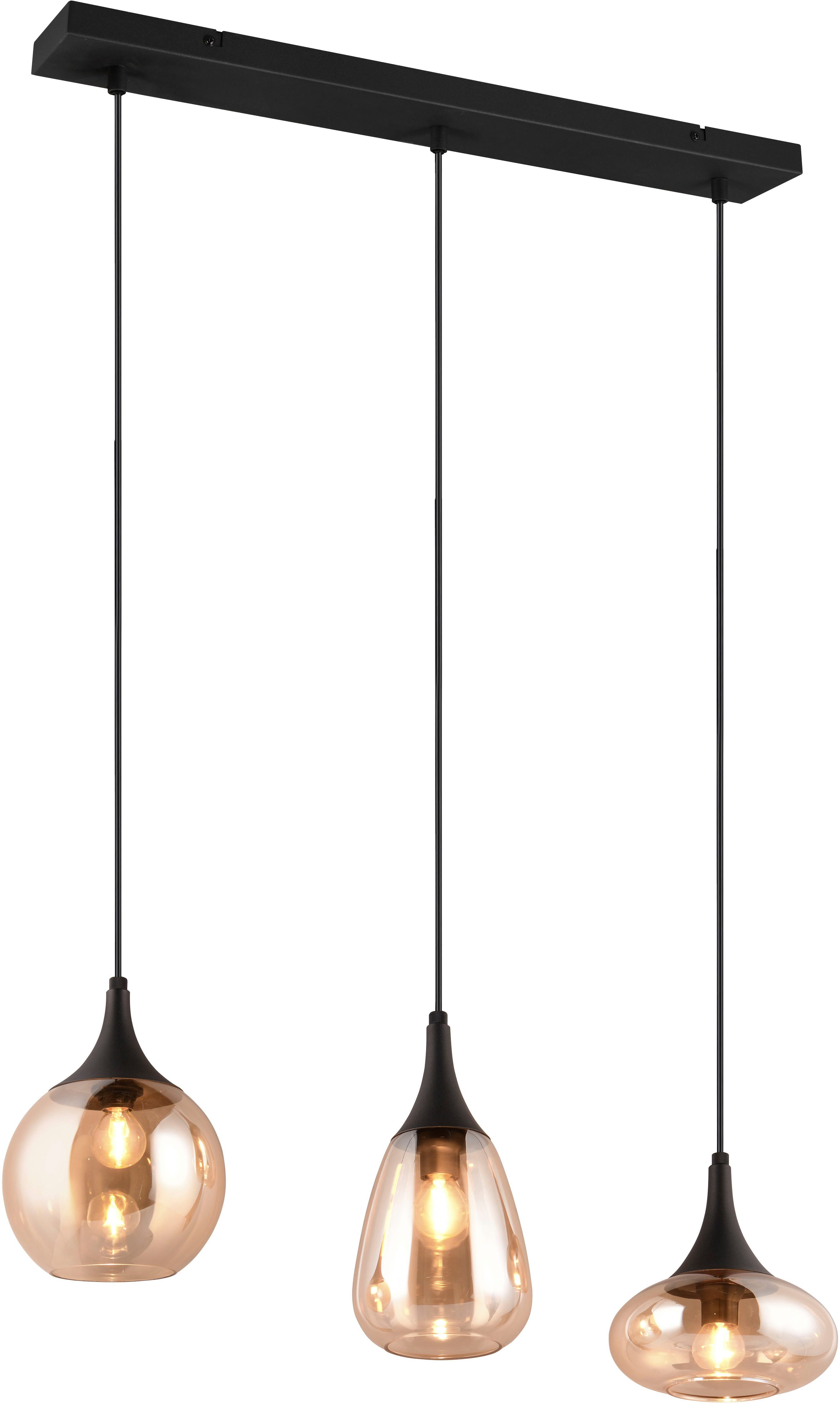 TRIO Leuchten Pendelleuchte LUMINA, E14 Hängelampe 3-flammig Glasschirme in 3 Formen amberfarbig, Leuchtmittel wechselbar, warmweiß - kaltweiß, exkl 3x E14 max 40W, Hängeleuchte höhenverstellbar bis max 150 cm