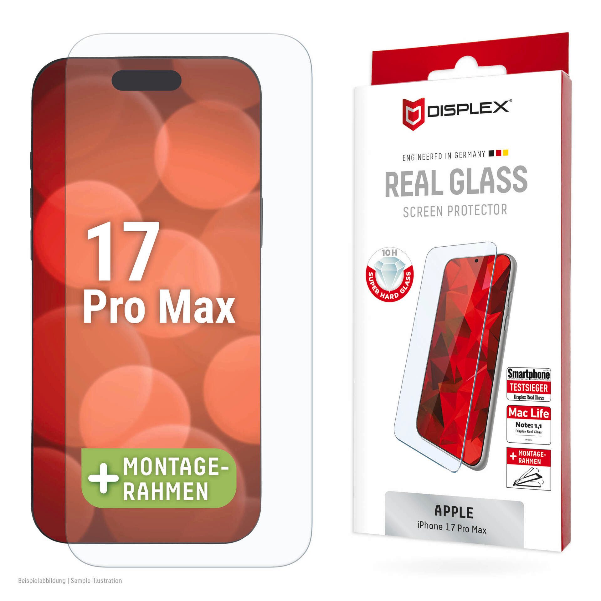 Displex Displayschutzglas Real Glass Screen Protector für Apple iPhone 17 Pro Max, Displayschutzfolie, Schutzfolie, Bildschirmschutz, kratz- & stoßfest