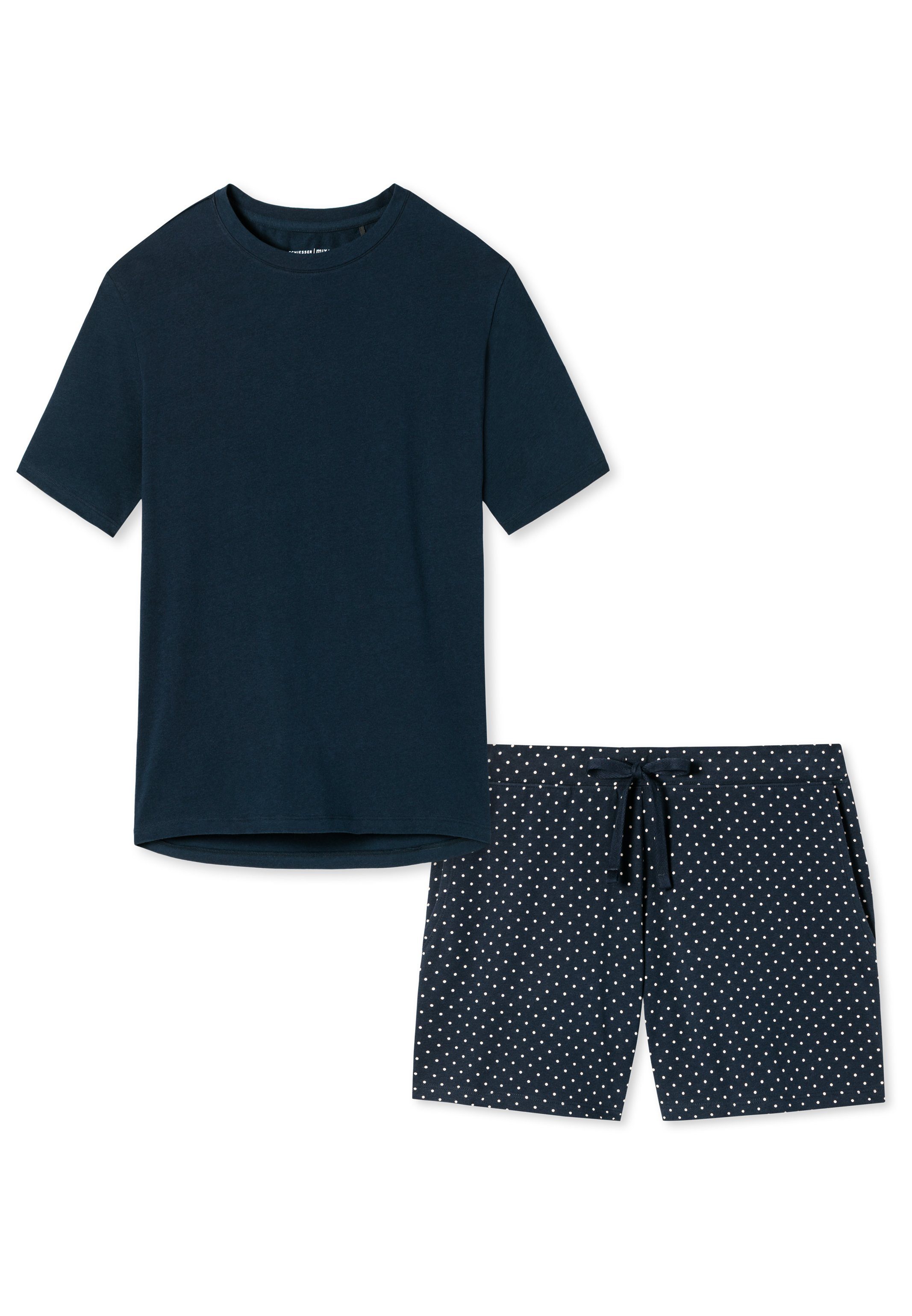gepunktet Cotton Schiesser 2 Dunkelblau (Set, Schlafanzug - / Baumwolle tlg) Pyjama Blau - Organic