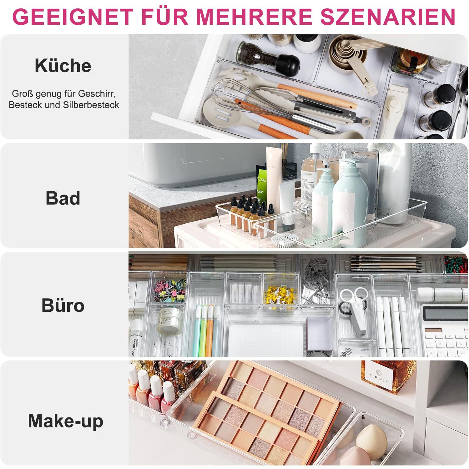 HEYHIPPO Schubladenbox 16 Schubladen-Organizer,5 Größen von Aufbewahrungsboxen für Krimskrams, (16er-Packung, Büroaufbewahrung, Kosmetik-Aufbewahrungsbox-Set, rutschfest), Transparenter Kosmetik-Trennorganizer aus wasserdichtem PET-Material