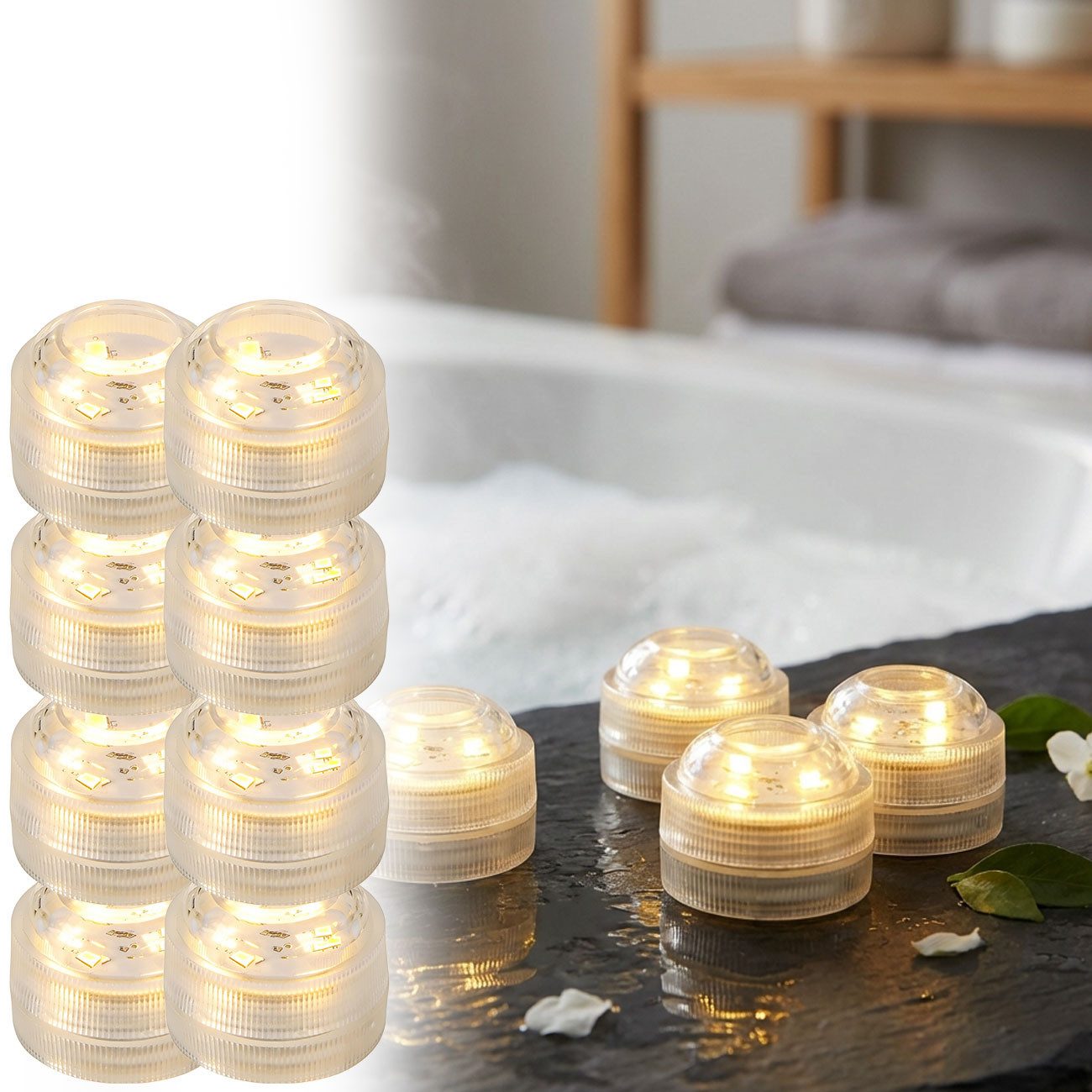 shop'n smile ideoon LED-Teelichter warmweiß, IP68 wasserdicht für Pool & Badewanne. Tauchbare LED-Lichter, LED, Teelicht mit Batterie