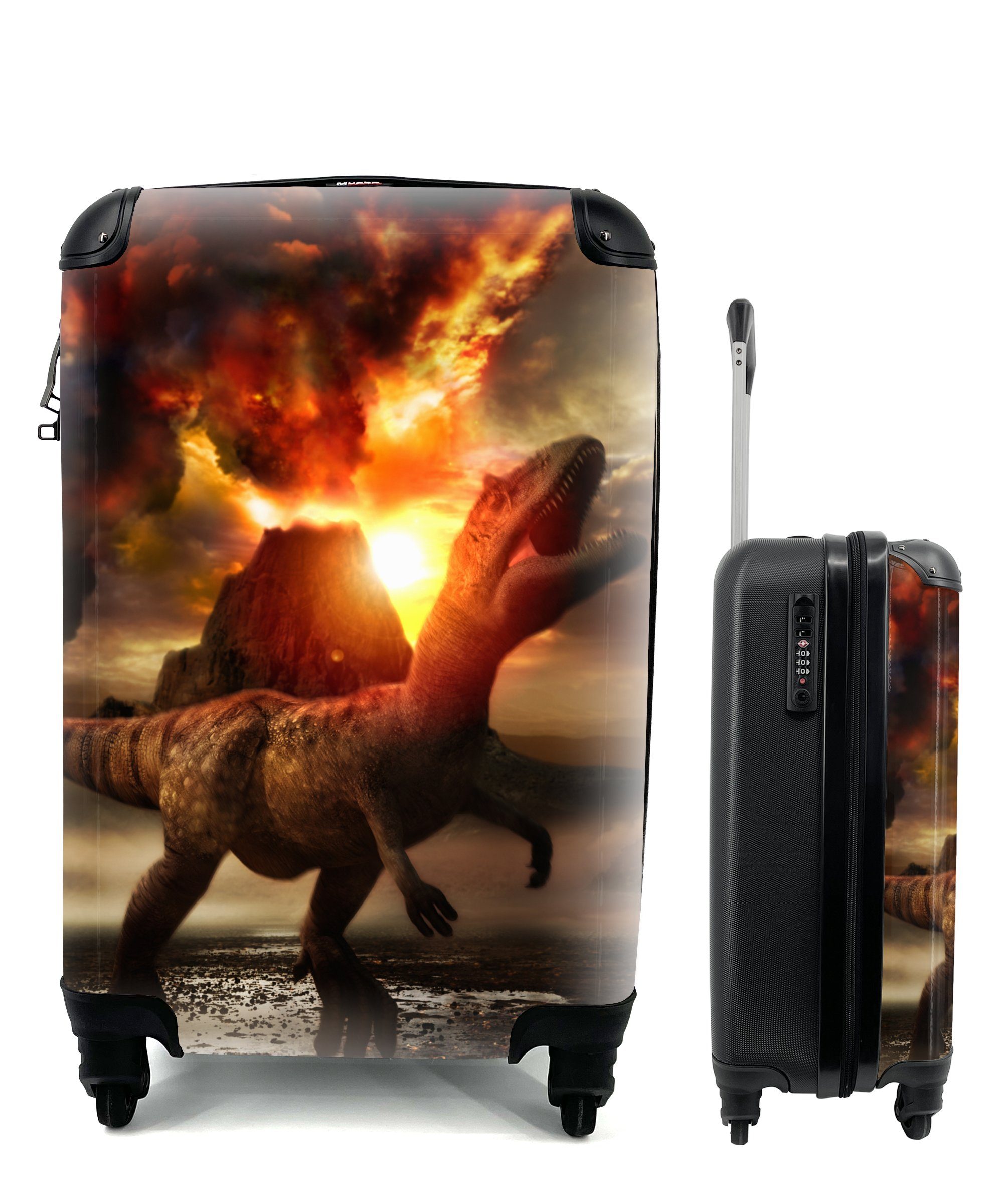 MuchoWow Handgepäckkoffer Dinosaurier - Vulkan - Feuer, 4 Rollen, Reisetasche mit rollen, Handgepäck für Ferien, Trolley, Reisekoffer