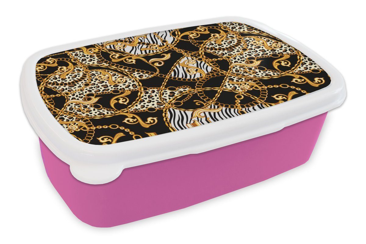 MuchoWow Lunchbox Halskette - Gold - Panther - Zebra, Kunststoff, (2-tlg), Brotbox für Erwachsene, Brotdose Kinder, Snackbox, Mädchen, Kunststoff rosa