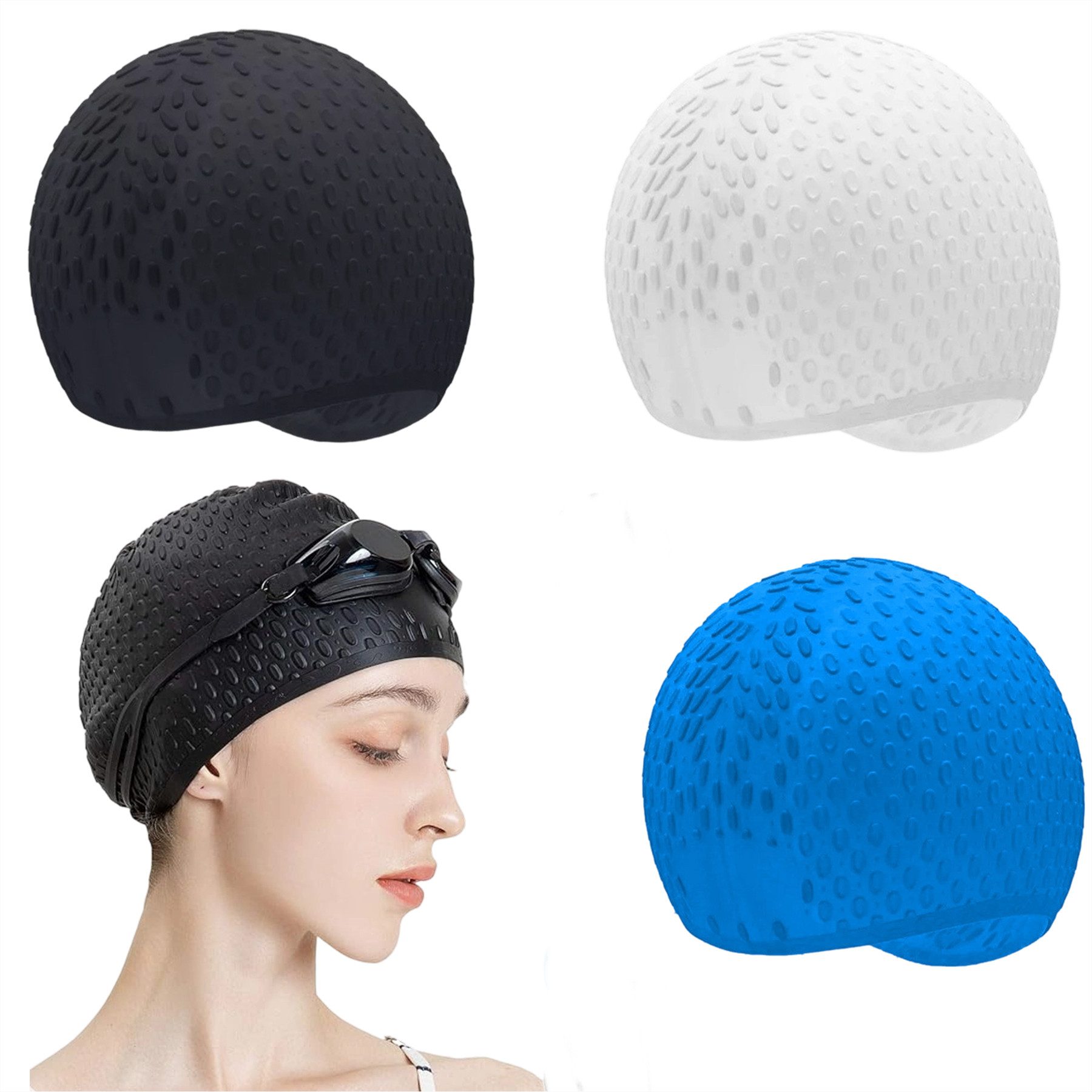 Mutig Badekappe 3 Stück Modische Badekappe Damen Herren Schwimmkappe rutschfeste (Badekappe aus weichem Silikon,elastisch für Erwachsene und Jugendliche, 3 St), Strukturiertes Design für Kurze/Lange Haare,Ideal für Sport, Wassergym