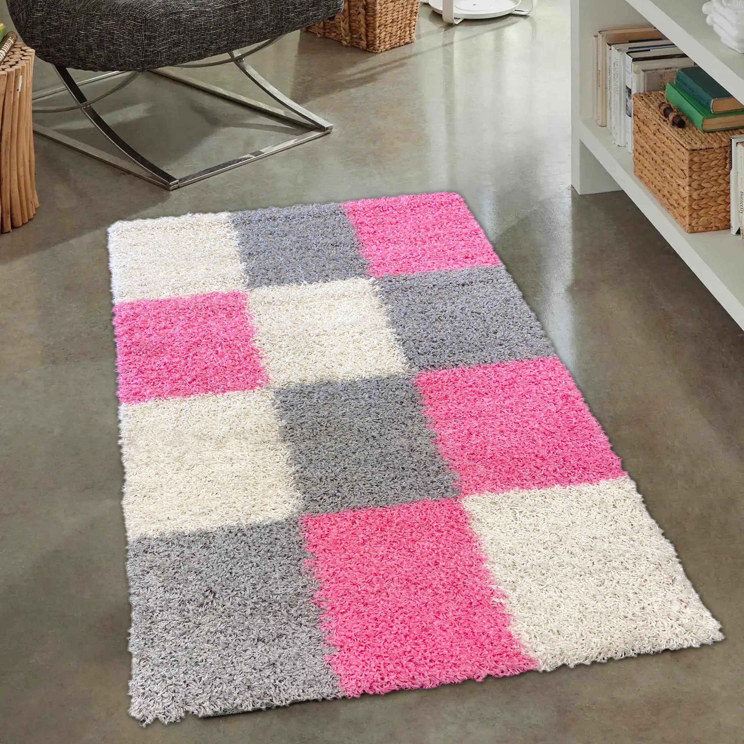 Carpetia Teppich Shaggy Teppich Hochflor Wohnzimmer Karomuster rosa grau cr günstig online kaufen