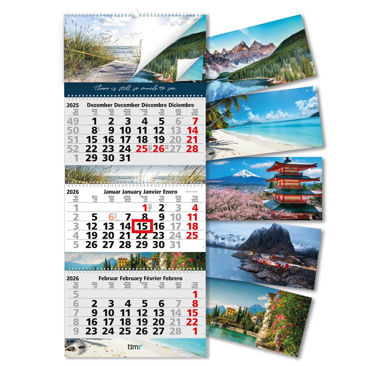 Timr Настінний календар 3-Monatskalender 2025 mit Spiralbindung und Bilder-Block