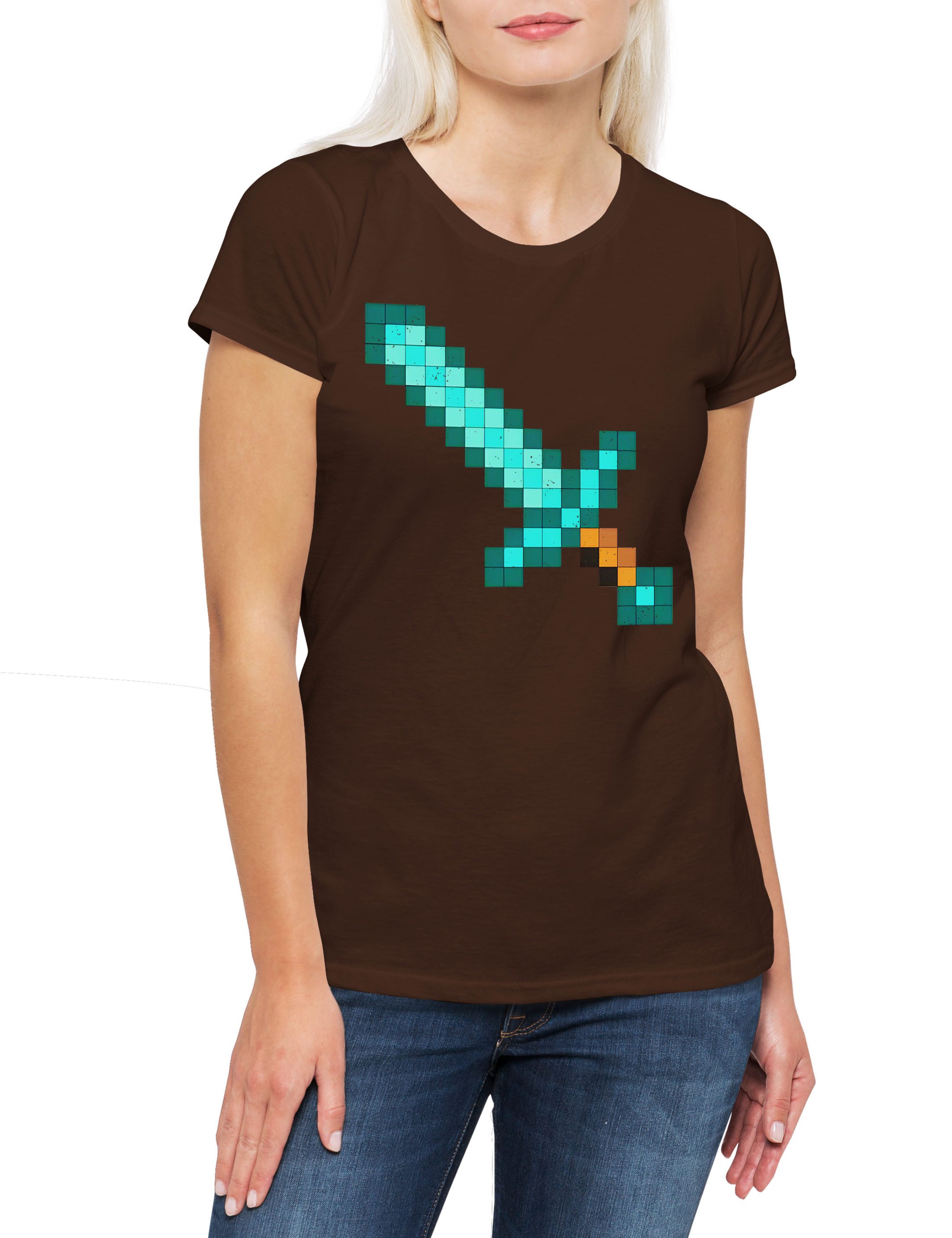 Print-Shirt Mine Sword Damen T-Shirt Games Gaming Craft Nerd Freak Crafting Fan