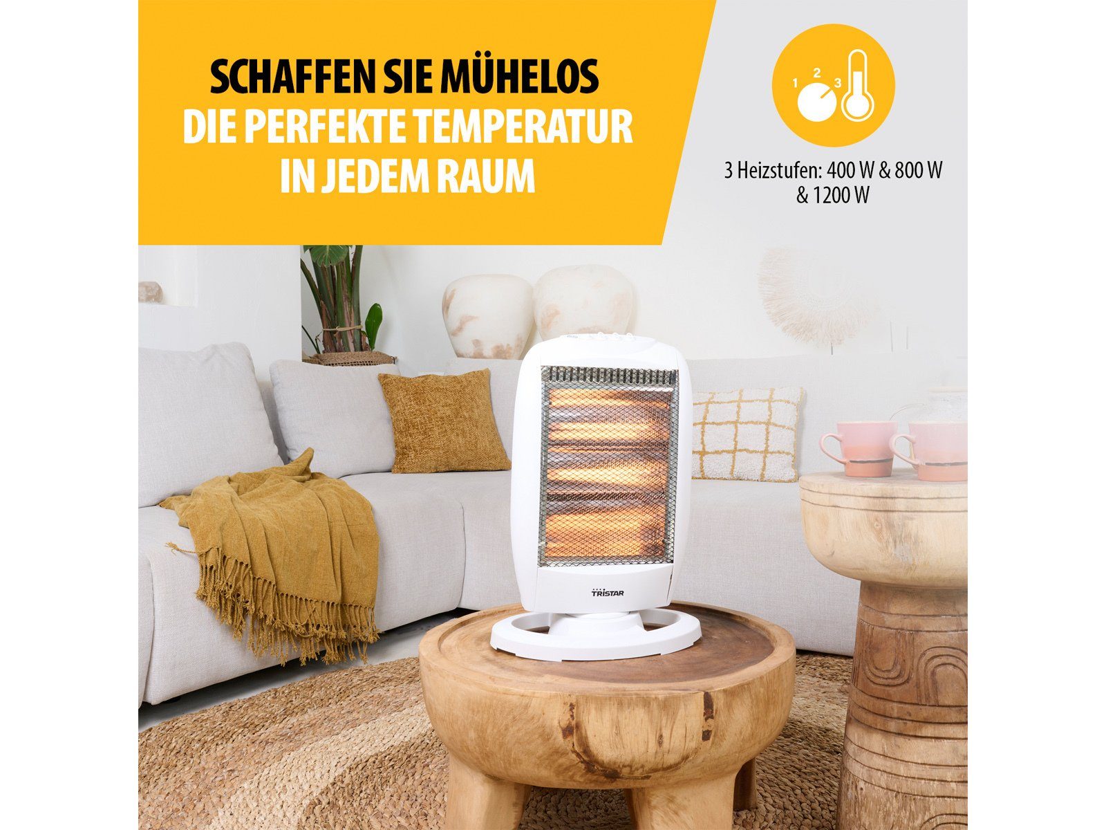 für 1200 Halogen Heizlüfter, Räume Warmluftheizung W, Thermostat kleine Tristar Elektroheizer