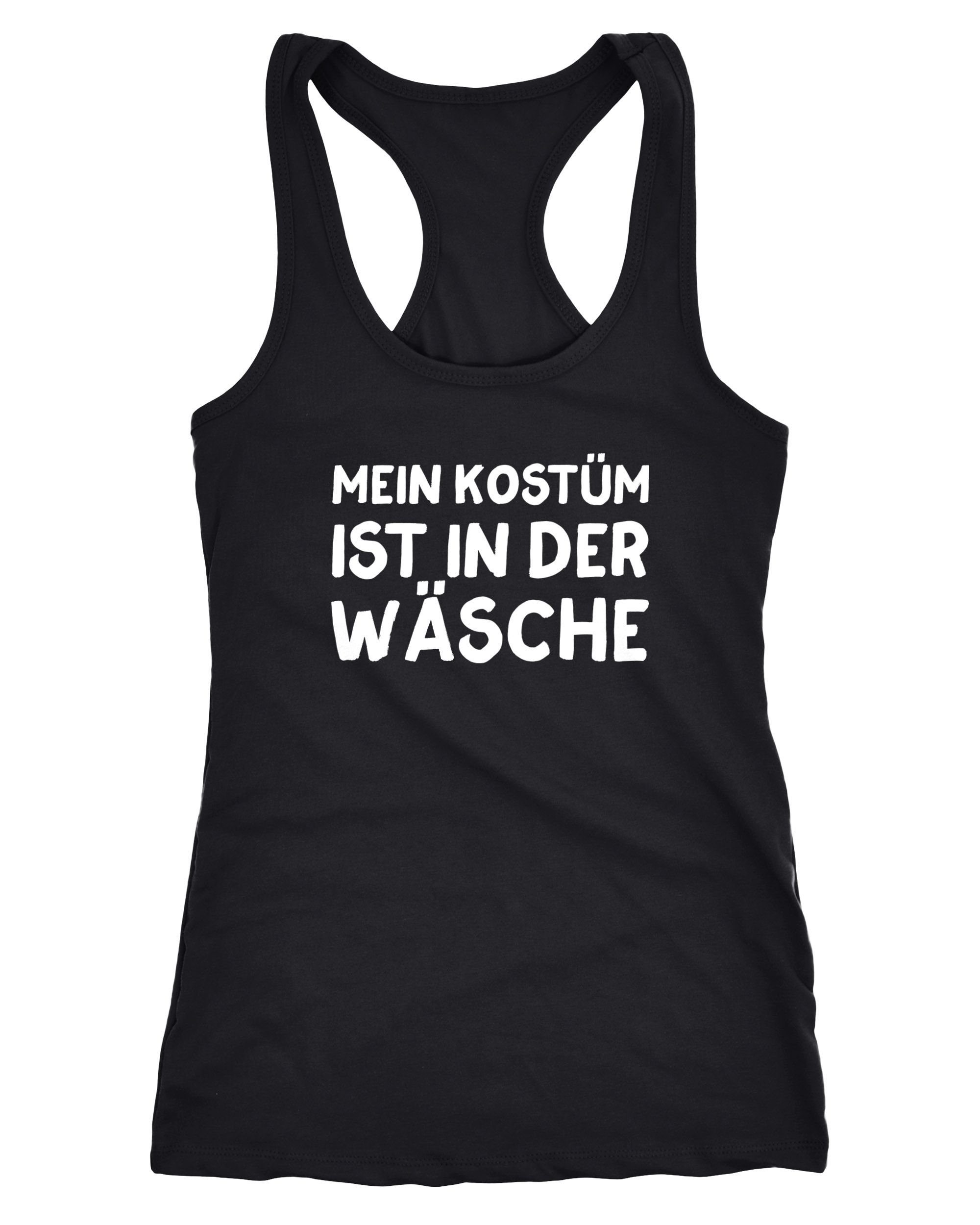 Tanktop Damen Tanktop Mein Kostüm ist in der Wäsche Spruch Fasching Karneval lustig Racerback Moonworks®