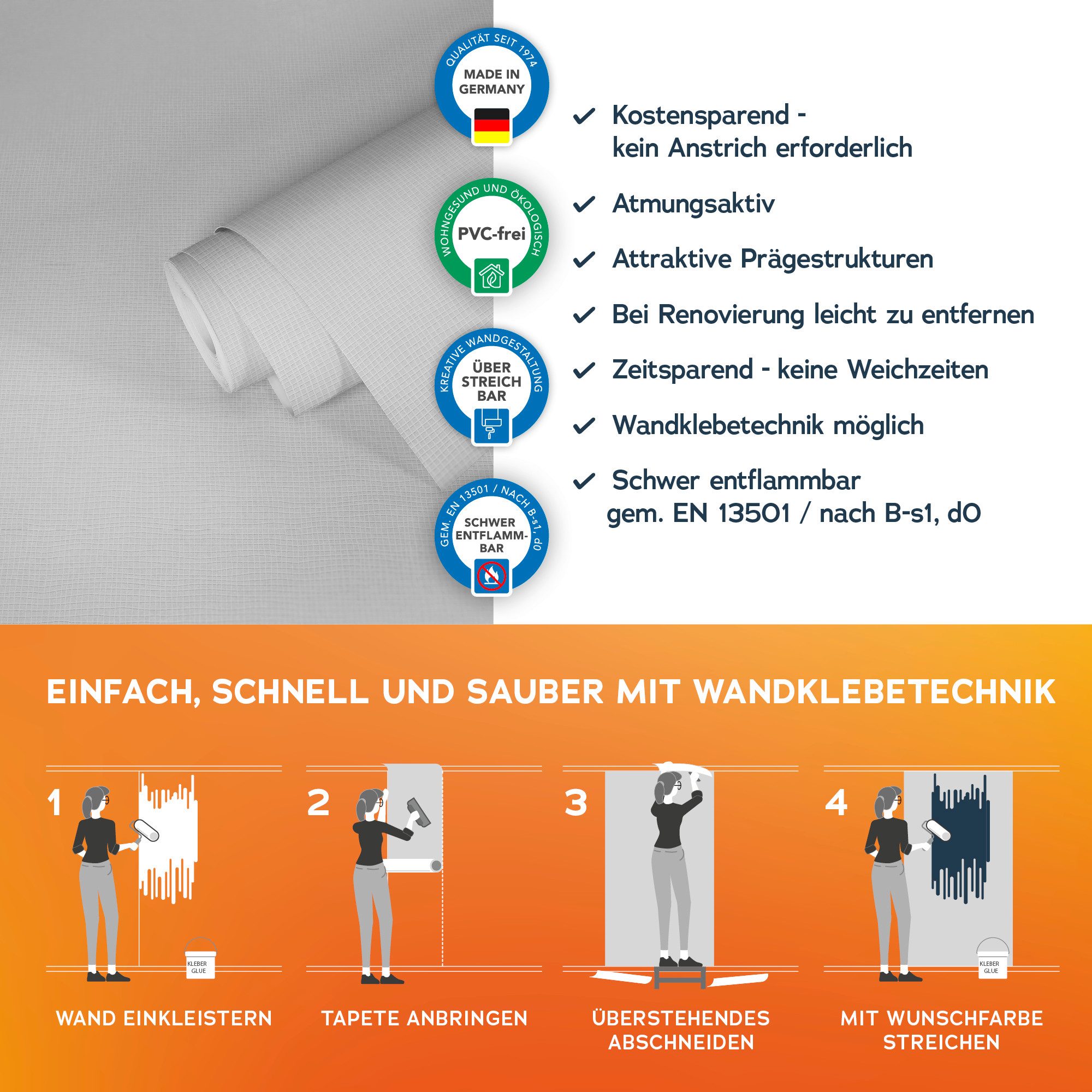 A.S. Création Vliestapete Meistervlies, leicht strukturiert, einfarbig, uni, unifarben, Unitapete Überstreichbar matt leicht strukturiert Blumen Design Optik