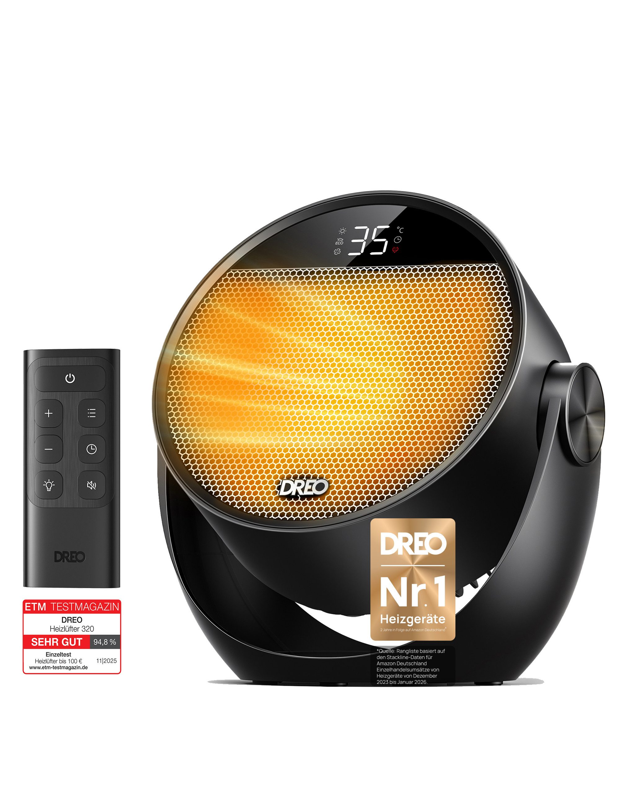 Dreo Heizlüfter Energiesparend Klein,1500W mit Fernbedienung, PTC-Keramik, Leise, Thermostat, 60° neigbar, 8 Sicherheitsfunktionen, 3 Modi