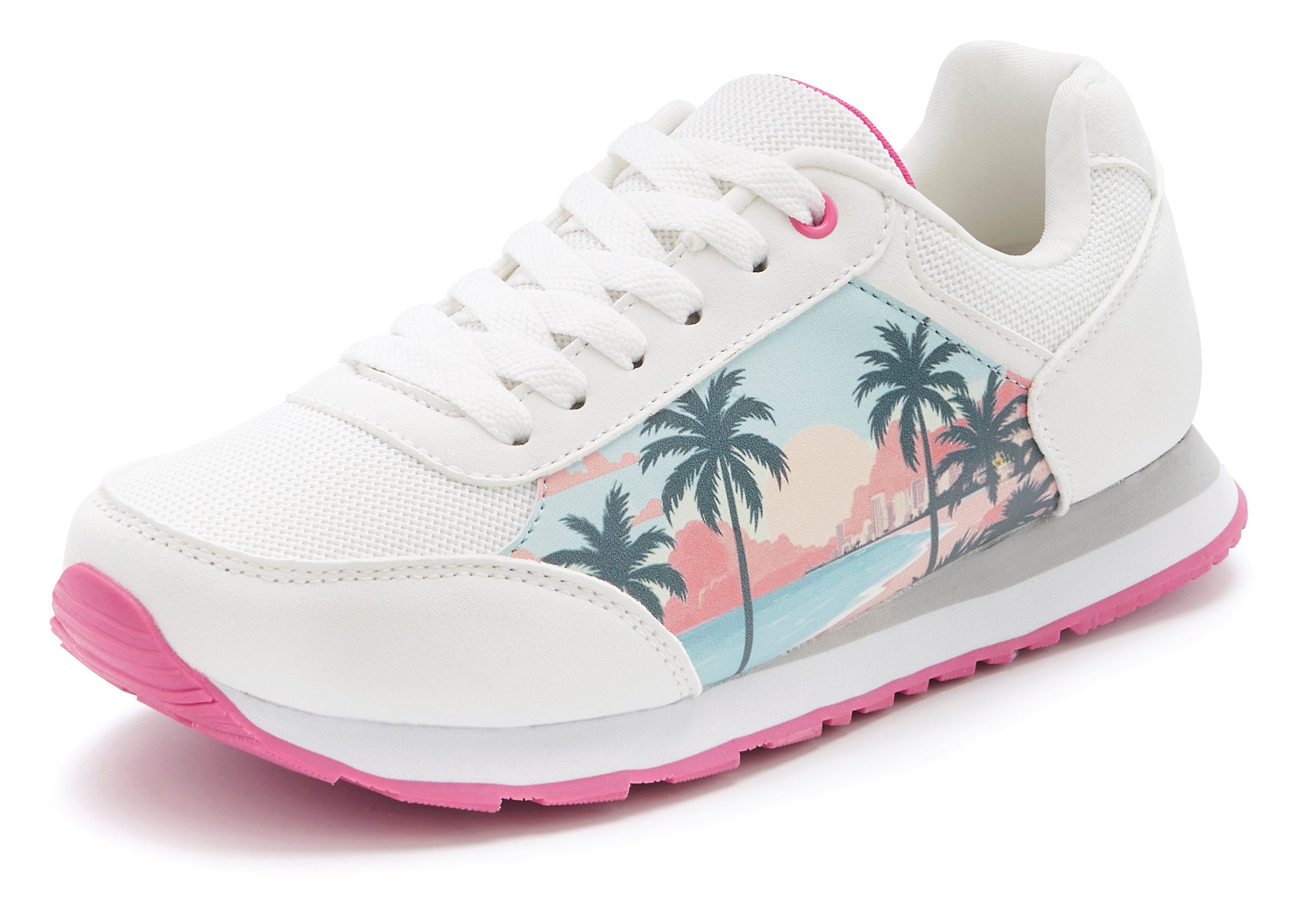 LASCANA Freizeitschuh, Schnürhalbschuh, Sneaker NEU mit raffiniertem Städte-Druck und herausnehmbarer Innensohle