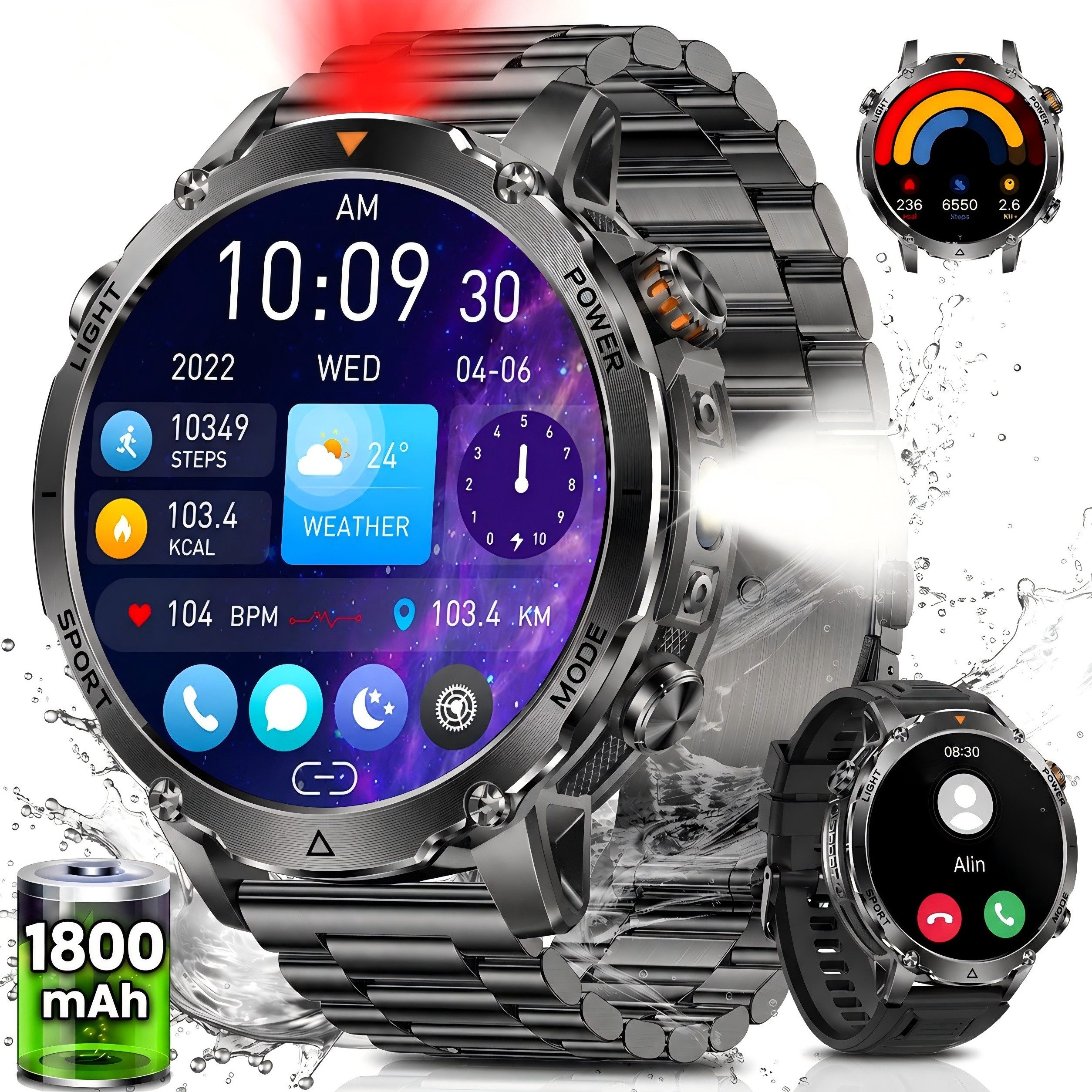 SWGOTA 2026 Smartwatch Herren 1800mAh Akku 1,85" AMOLED Militärstil Smartwatch (1,85 Zoll), IP68 & 5ATM, Fitnessuhr für Herren mit Edelstahl- und Silikonarmband, SpO2-, Herzfrequenz- und Schlafüberwachung Bluetooth 5.4 Android & iOS