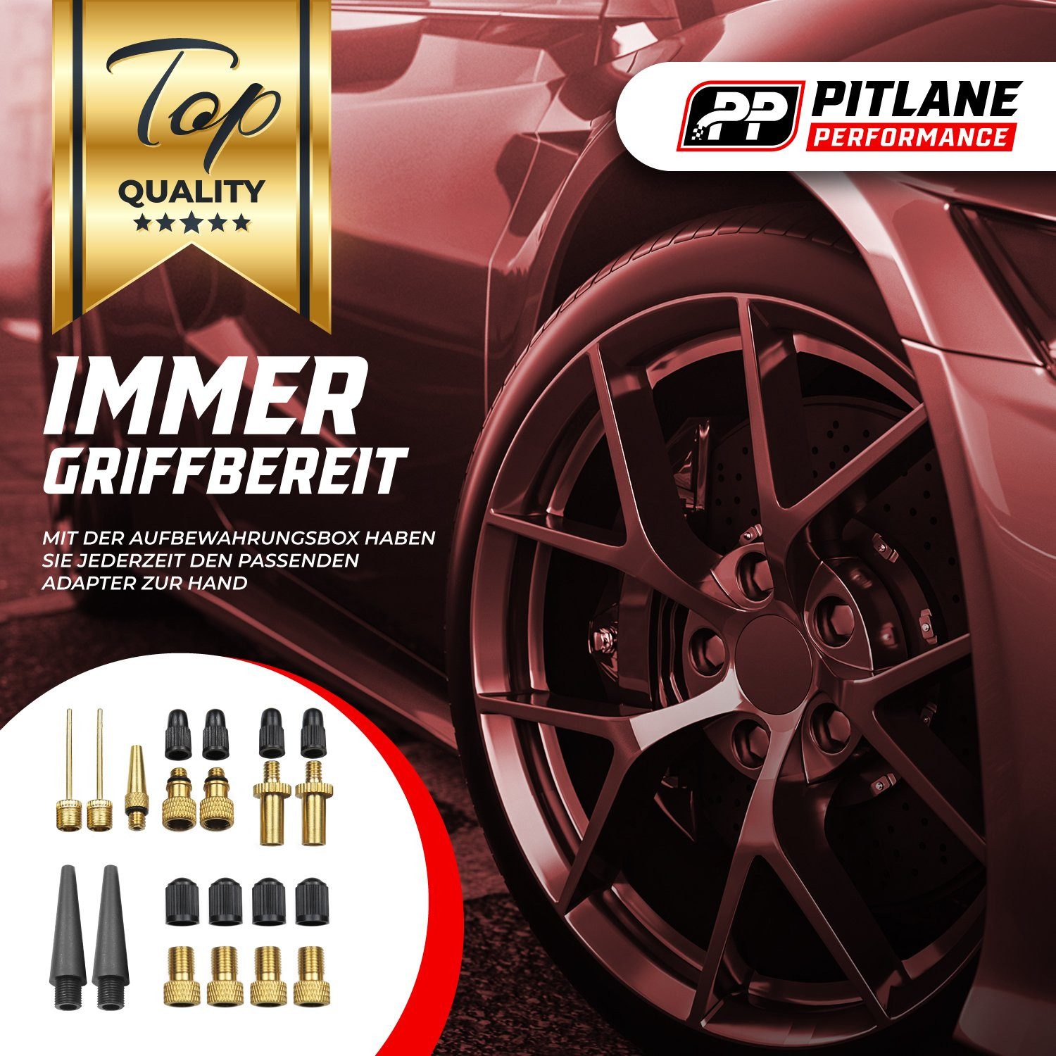 Pitlane Performance Luftpumpe Luftpumpen-Zubehör XXL (Ventil-Adapter-Set, 21-tlg., 21-teilig mit Adaptern, Zubehör und Aufbewahrungsbox), Für AV-, SV- und DV-Ve – Bild 2 von 5