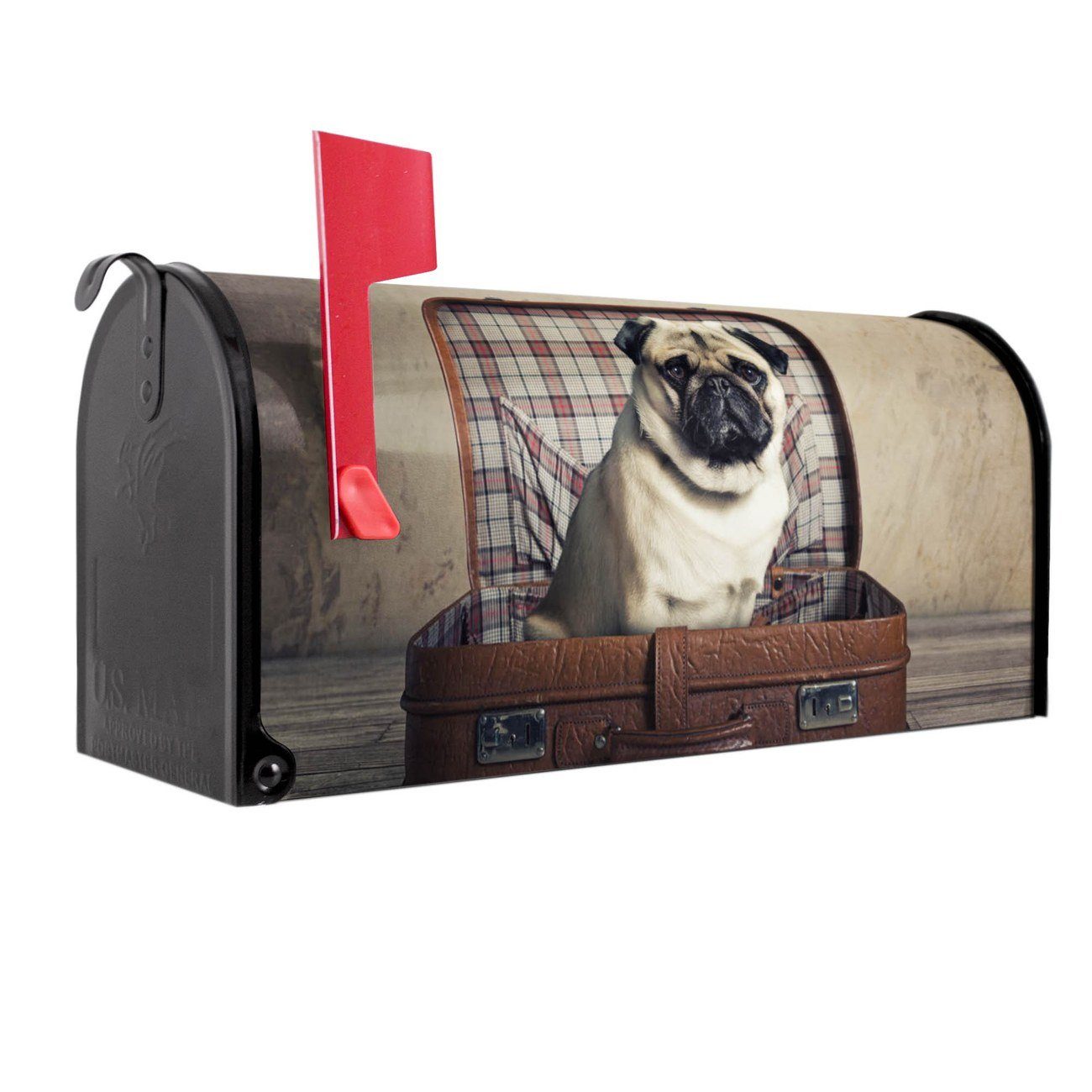 banjado Amerikanischer Briefkasten Mailbox Mops im Koffer (Amerikanischer Briefkasten, original aus Mississippi USA), 22 x 17 x 51 cm schwarz