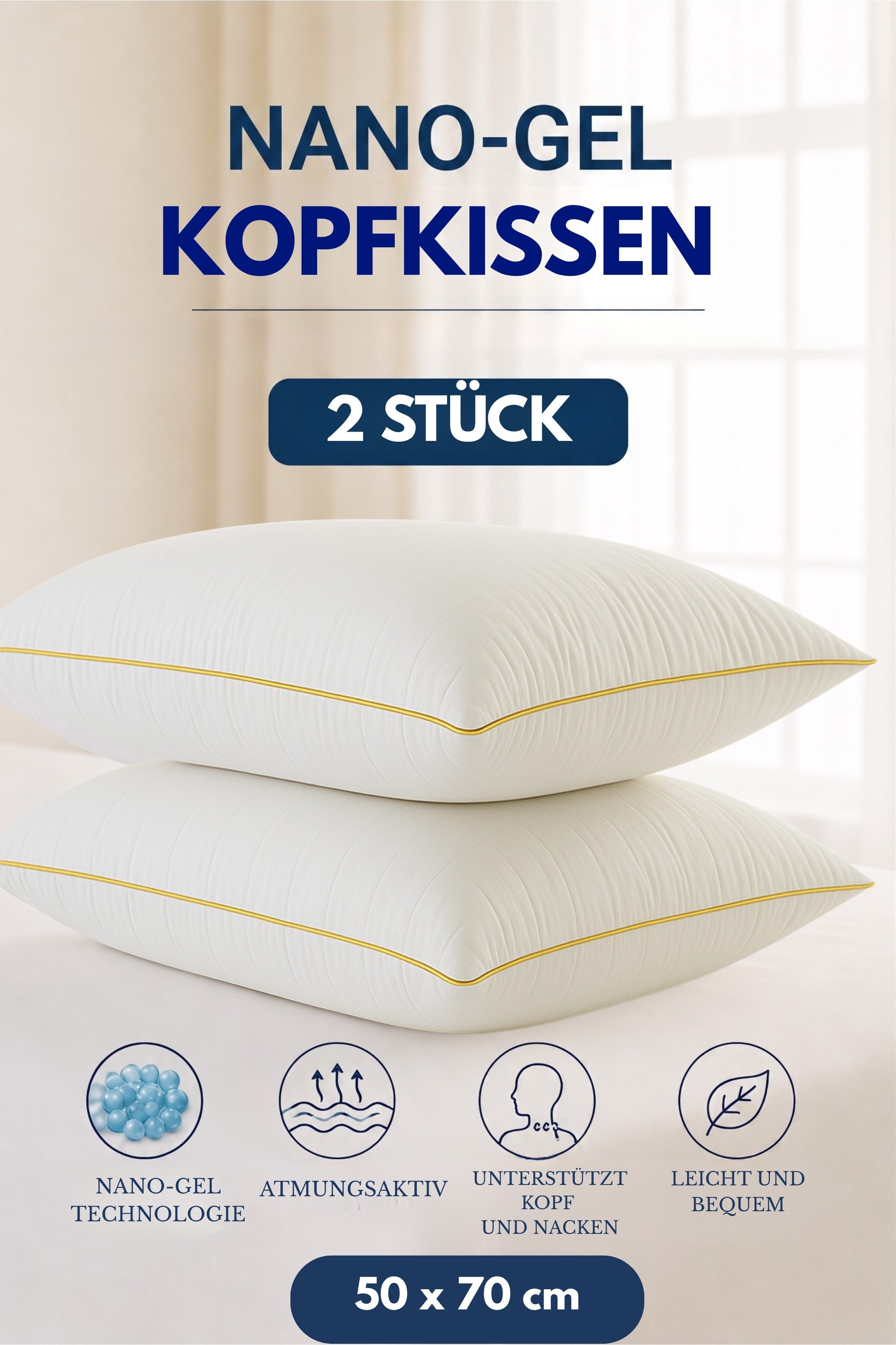 Formeya Schlafkissen Nano-Gel Kopfkissen 50x70 cm 2er Set 100% Baumwolle Hotelkissen