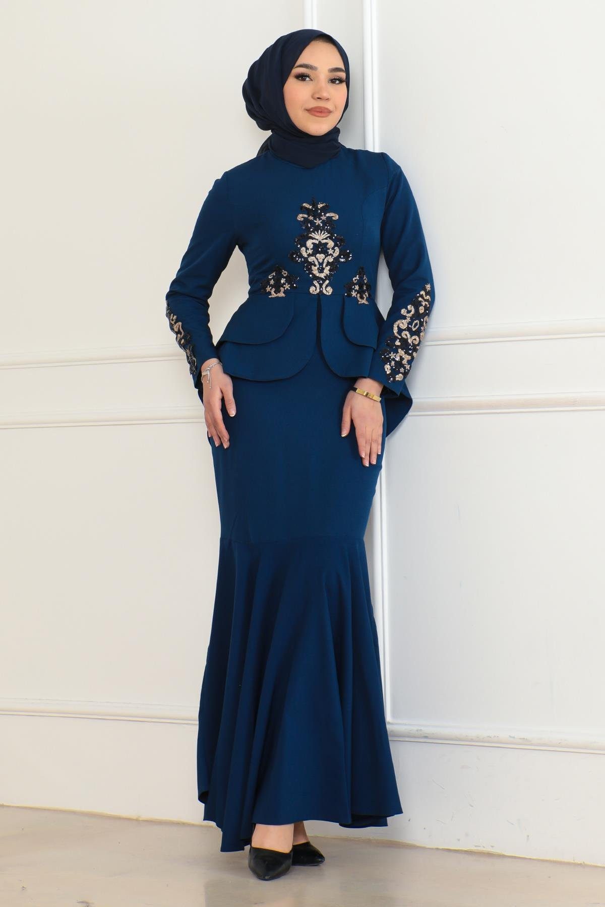 MODAMİHRAM Abendkleid Indigo gemustertes Fischkleid 6144 günstig online kaufen