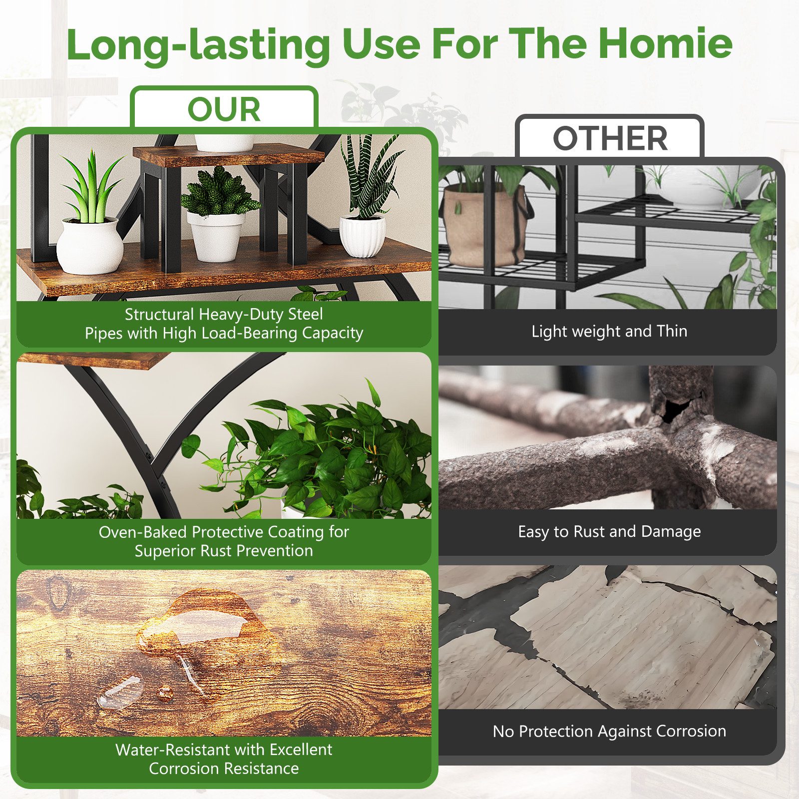 VINGLI Flower Stand Plant Stand with LED Grow Lights, 10-Tier Plant Shelf, Made of Wood and Metal, Stable and Space-Saving, 155*80*26cm