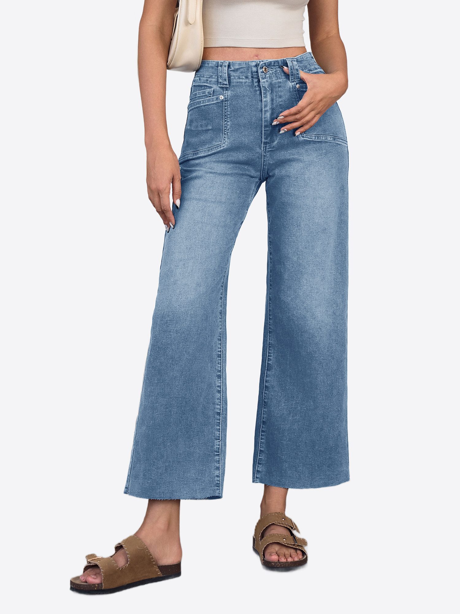 Imily Bela High-waist-Jeans Damen Cropped Dehnbare Baggy Geradem Weitem Bein Denim Baggy (Packung, 1-tlg., 1per-Pack) 4-Pocket Style in Unifarbe