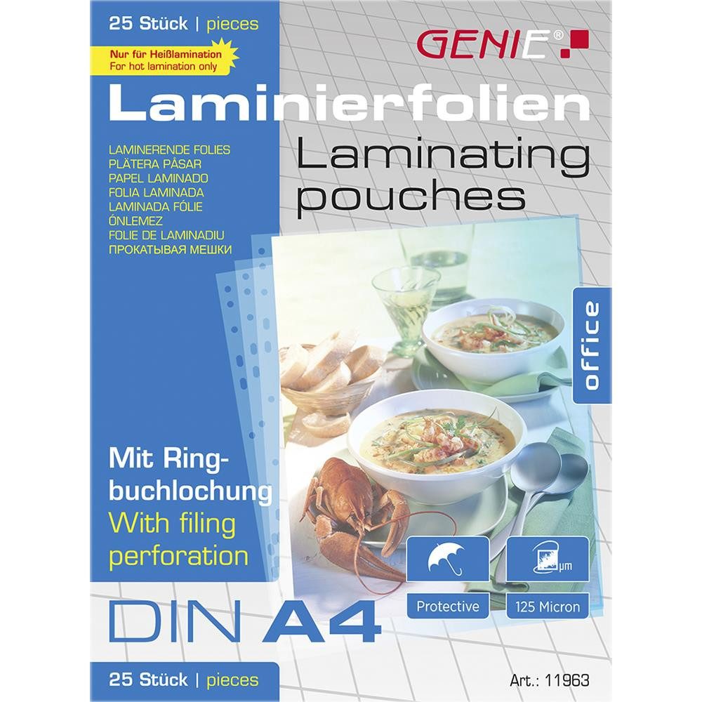GENIE Laminierfolie 11963 Heißlaminierhüllen DIN A4 mit Ringbuchlochung, Transparent, Wasserbeständig, abwaschbar, zuschneidbar, für Speisekarten