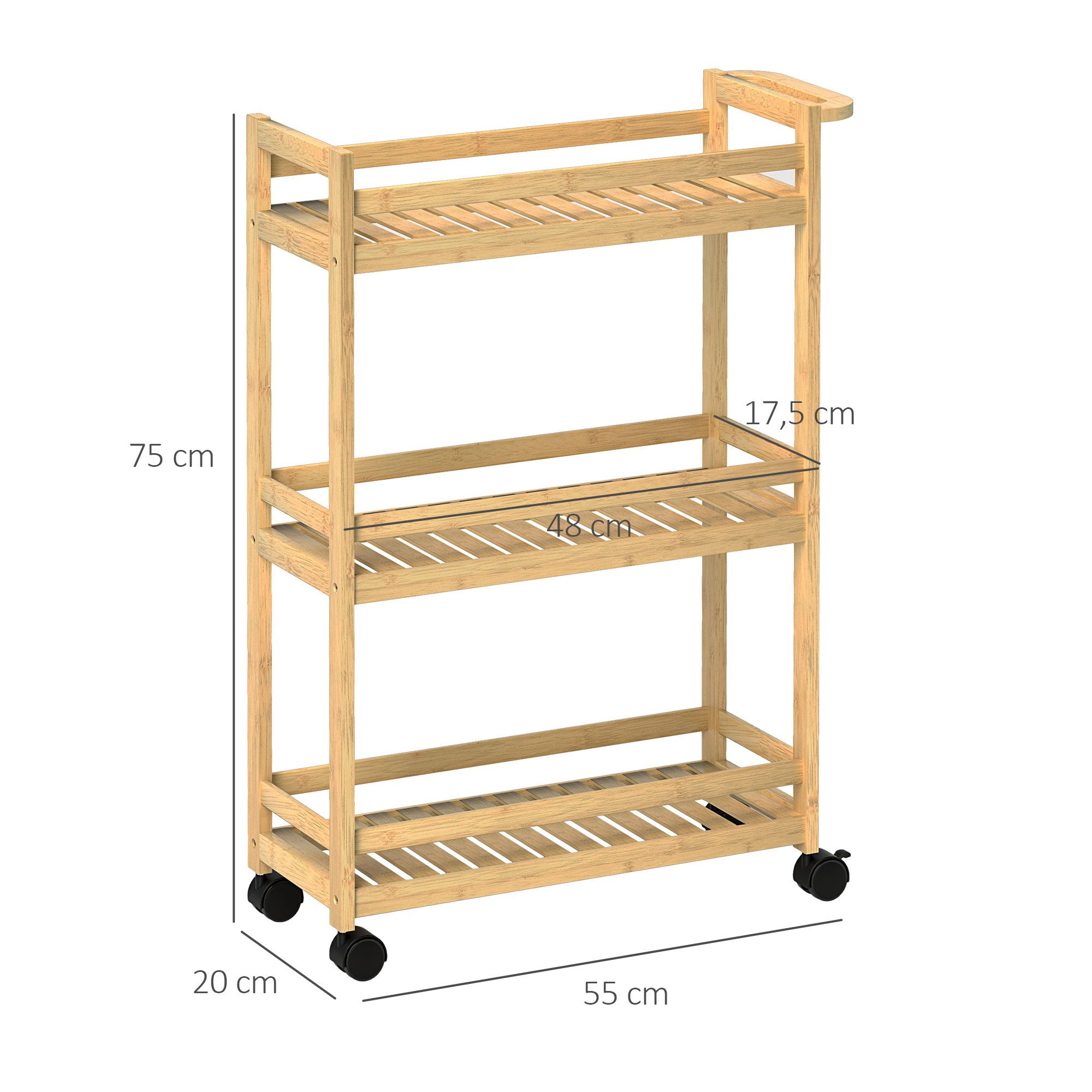 HOMCOM Servierwagen 3-stöckig, aus Bambus, mit Rolle, Griff, (Aufbewahrungswagen, 1 St., Küchenwagen), für Büro, Wohnzimmer, Küche, 55 x 20 x 75 cm, Naturholz