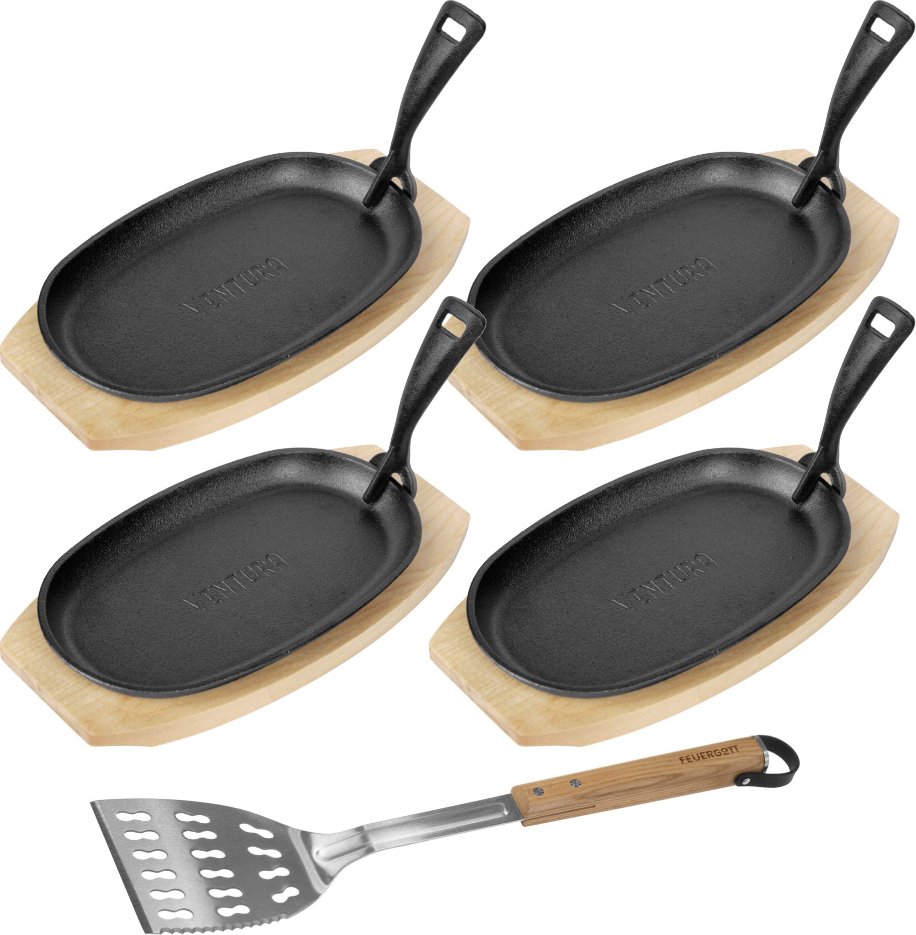 Feuergott Grillpfanne 4er Set Venture Gusspfannen, Griff & Brett + Feuergott Pfannenwender