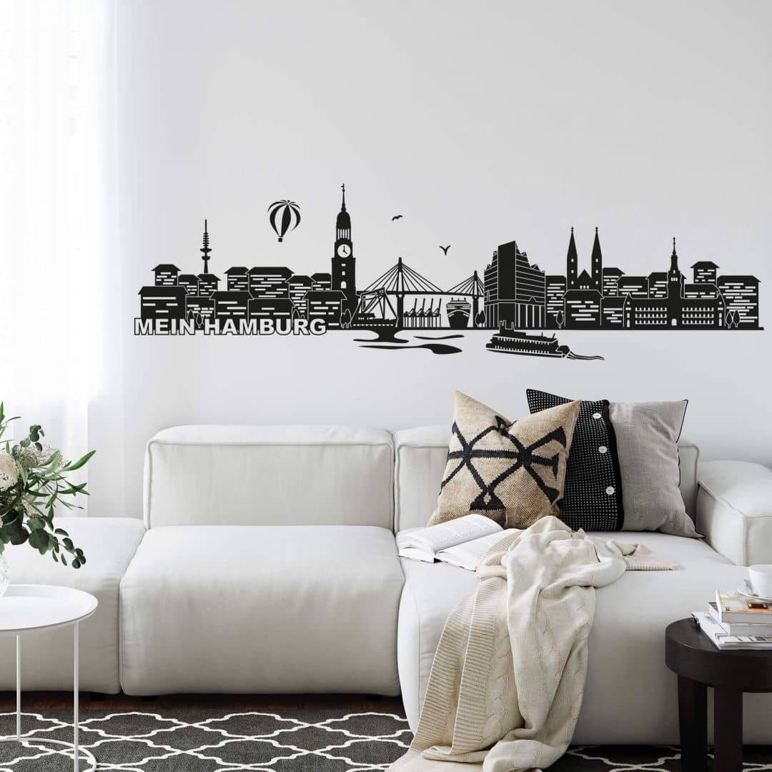K&L Wall Art Wandtattoo Stadt Wandtattoo Hamburg Skyline Hafenstadt Silhouette 120cm, Wandbild selbstklebend, entfernbar