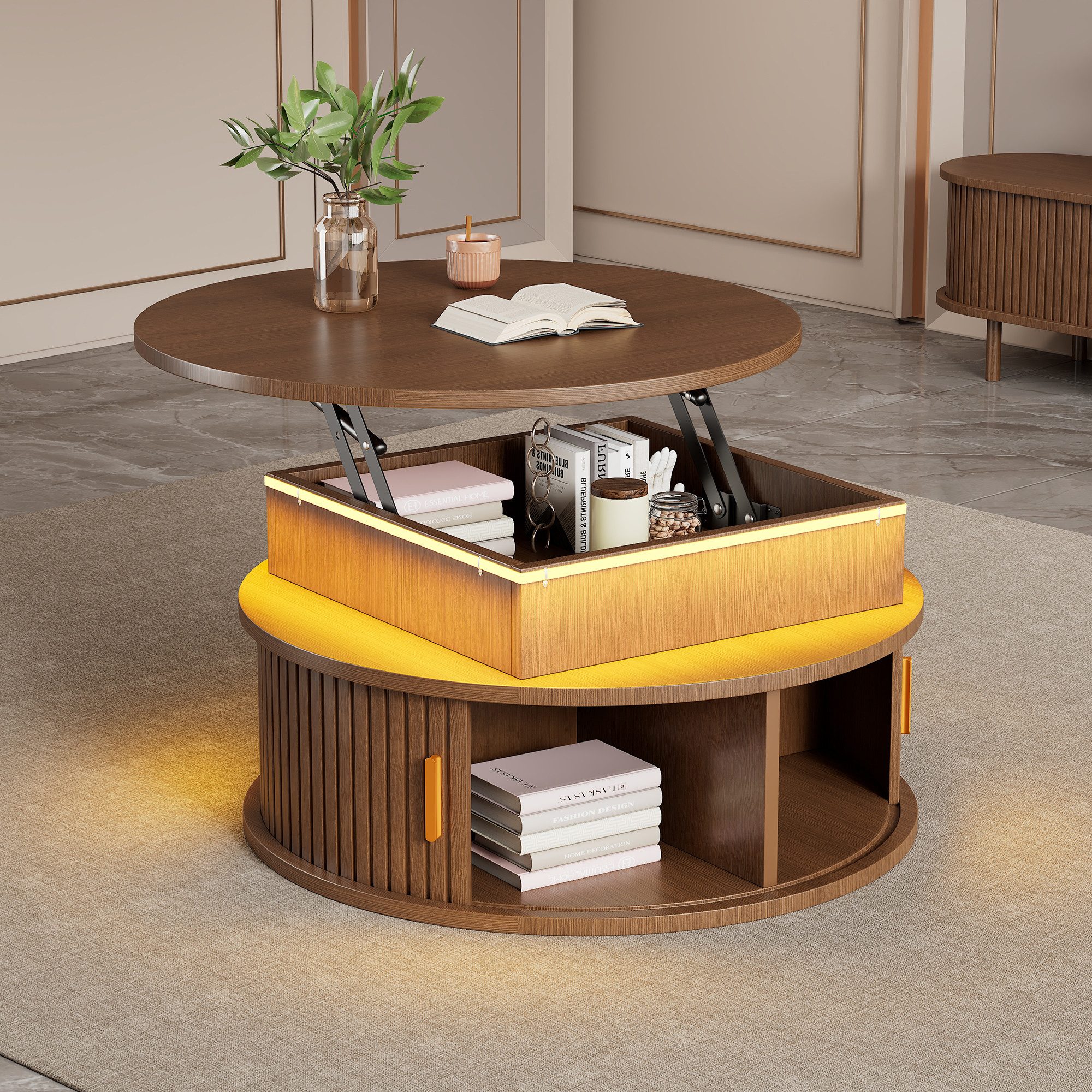 Couchtisch höhenverstellbar Sofatisch mit LED Kaffeetisch mit Rolltüren Hochglanz