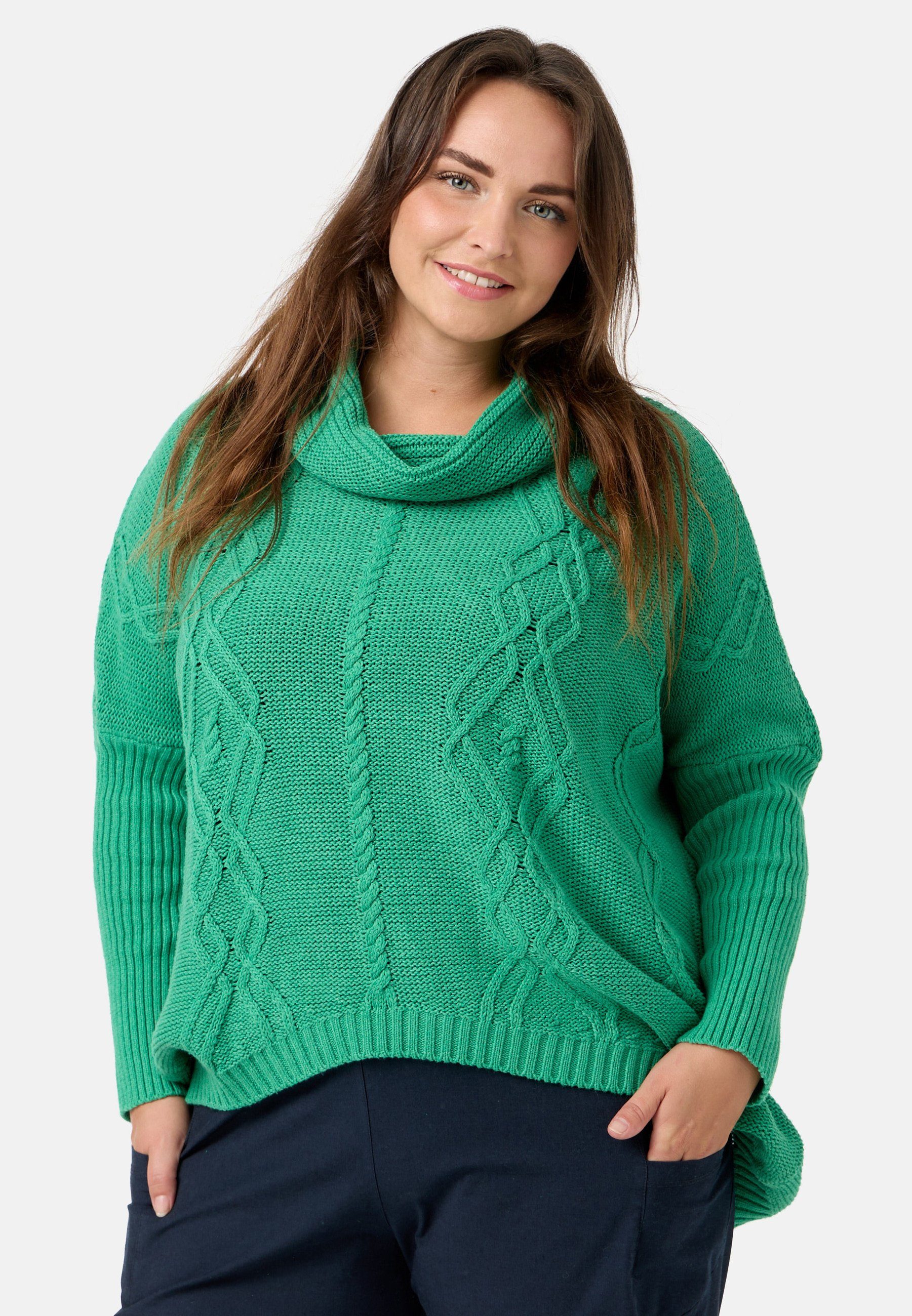 Kekoo Strickpullover Strick Poncho-Shirt mit Schalkragen aus 100% Baumwolle 'Pure' Smaragd