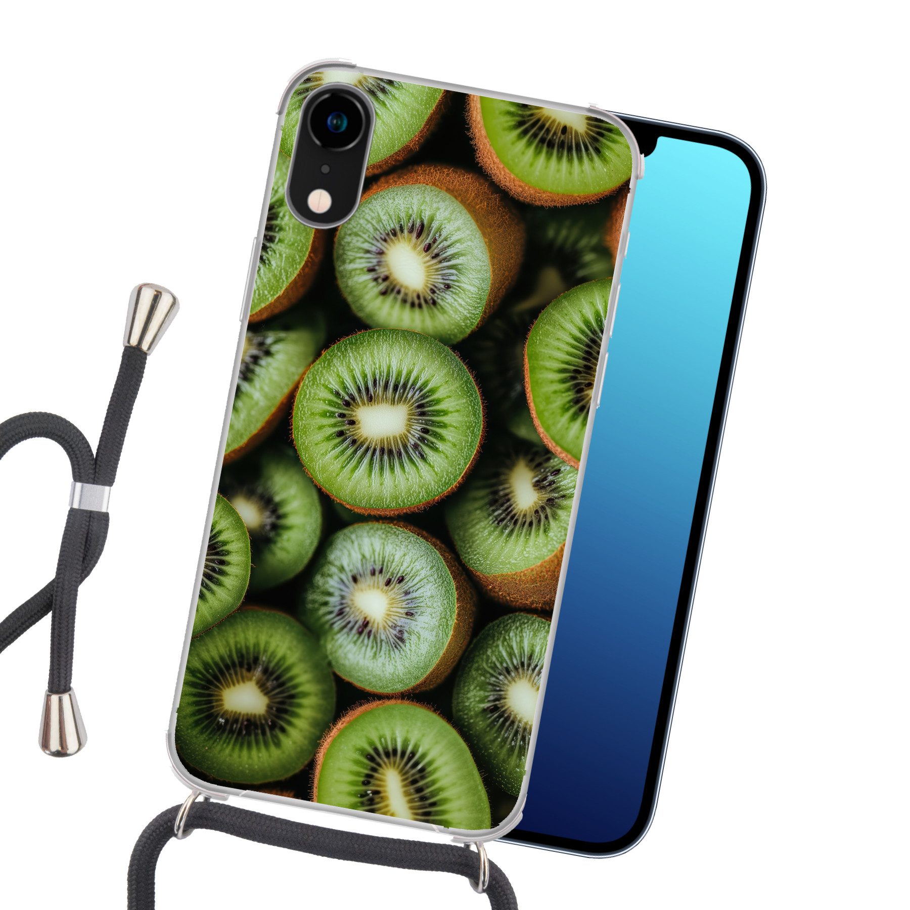 MuchoWow Handyhülle für Apple iPhone XR Kiwi - Obst - Grün, Tragbare Handyhüllen mit Kette zum umhängen, Handykette Handyband
