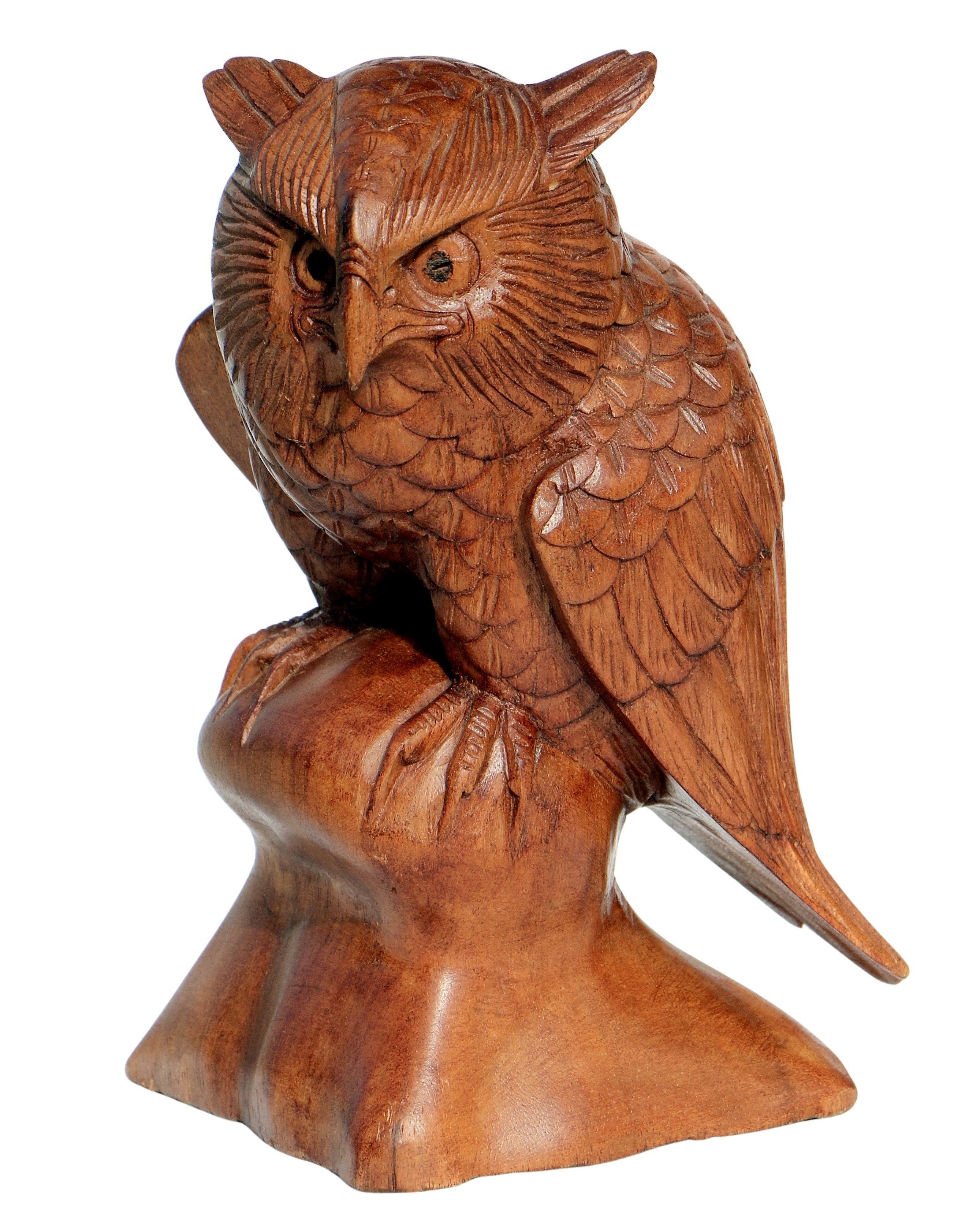 Tierfigur sitzende Eule Holz-Figur Uhu Tier Dekoration Handarbeit