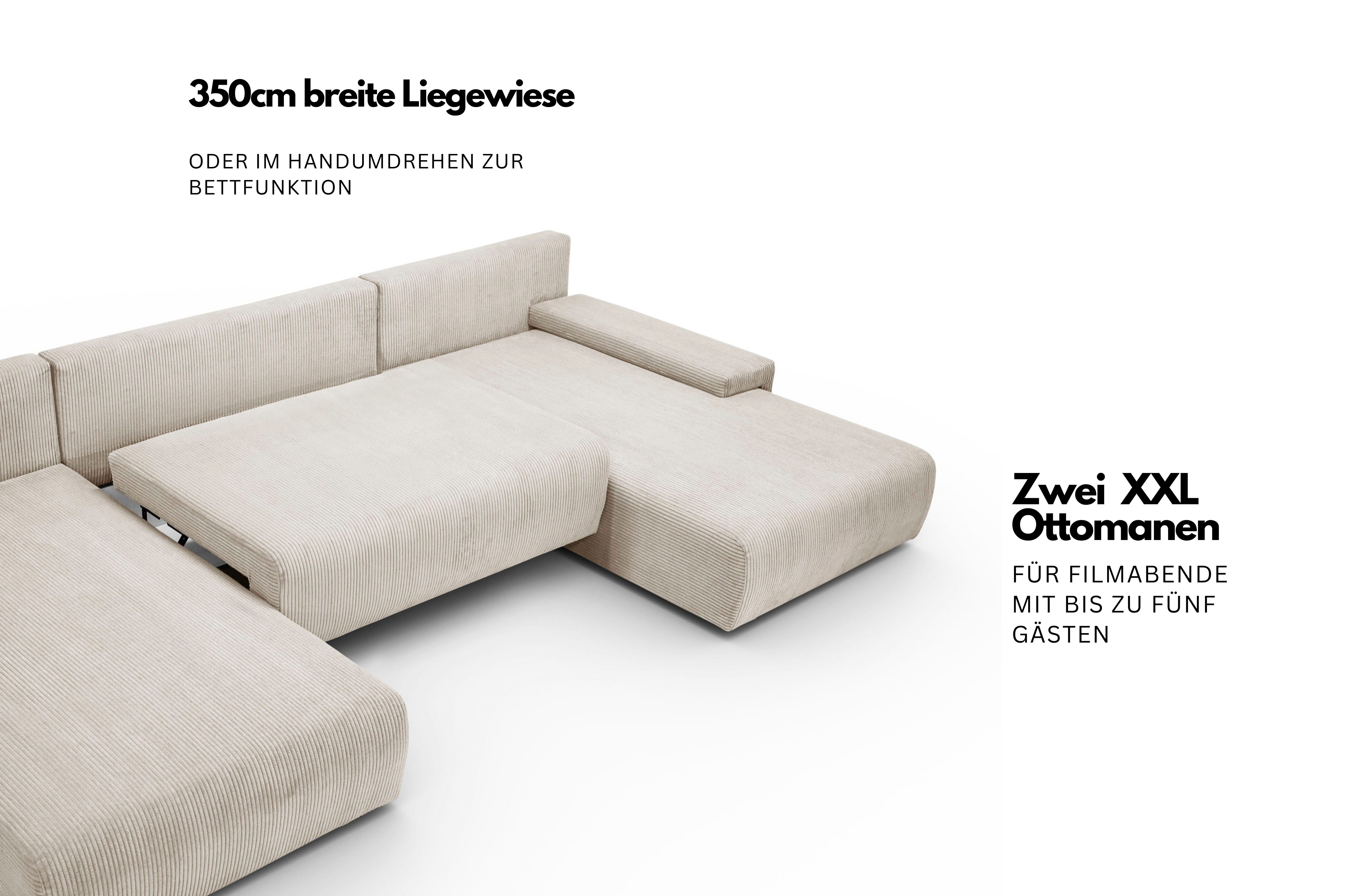 WERK2 Wohnlandschaft Amalfi, B/T: 348/188 cm, in Cord mit Schlaffunktion & Bettkasten, modernes XXL Design, U-Form