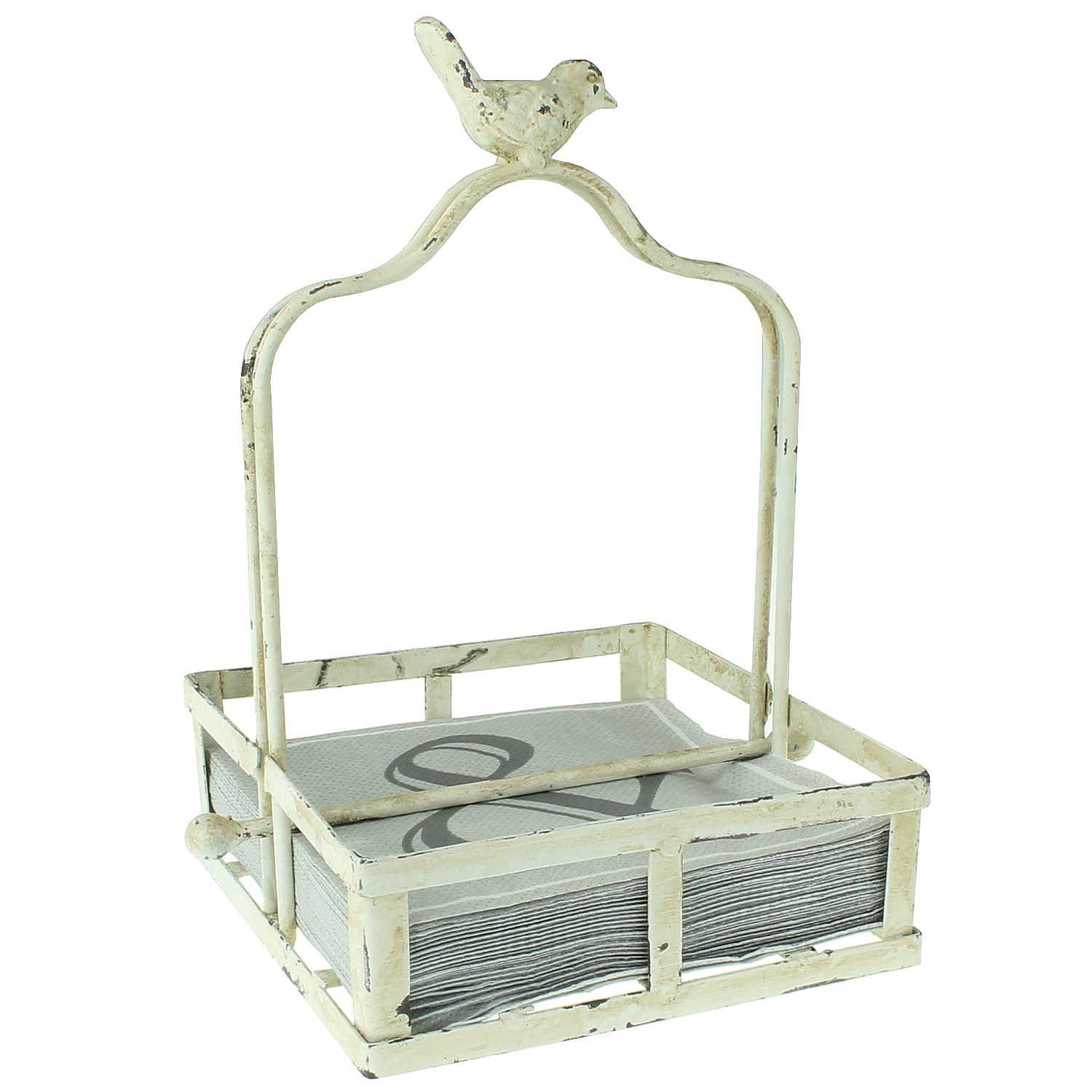 Macosa Home Serviettenhalter Serviettenständer Vogel Antik Creme Weiß Metall Gewichtshebel Shabby, Metall, Servietten Korb Papierservietten Aufbewahrung Halter