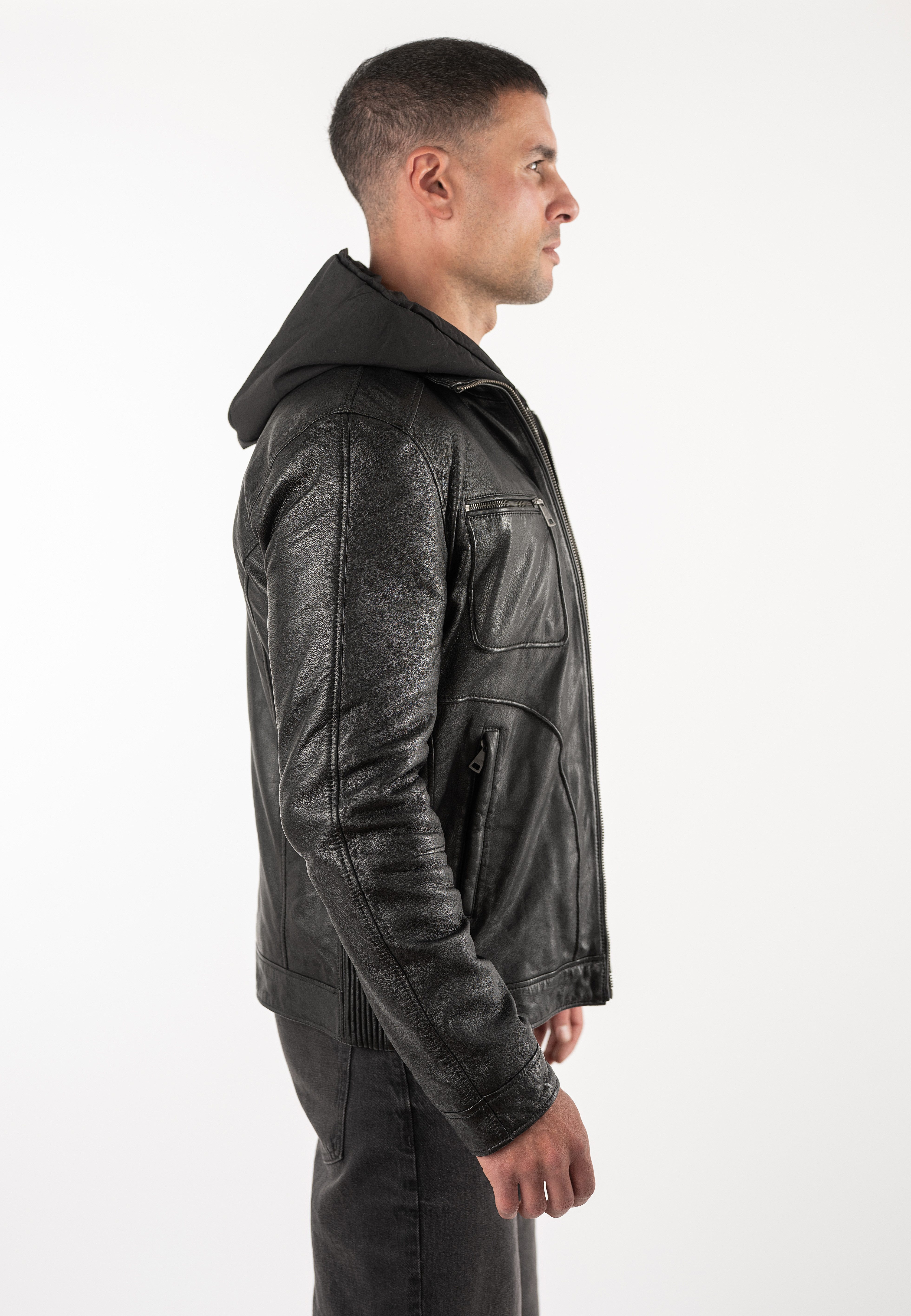 Mauritius Lederjacke MMHocki (mauritiusHerren26) im Biker-Stil mit Kapuze aus Nylon – Bild 3 von 5
