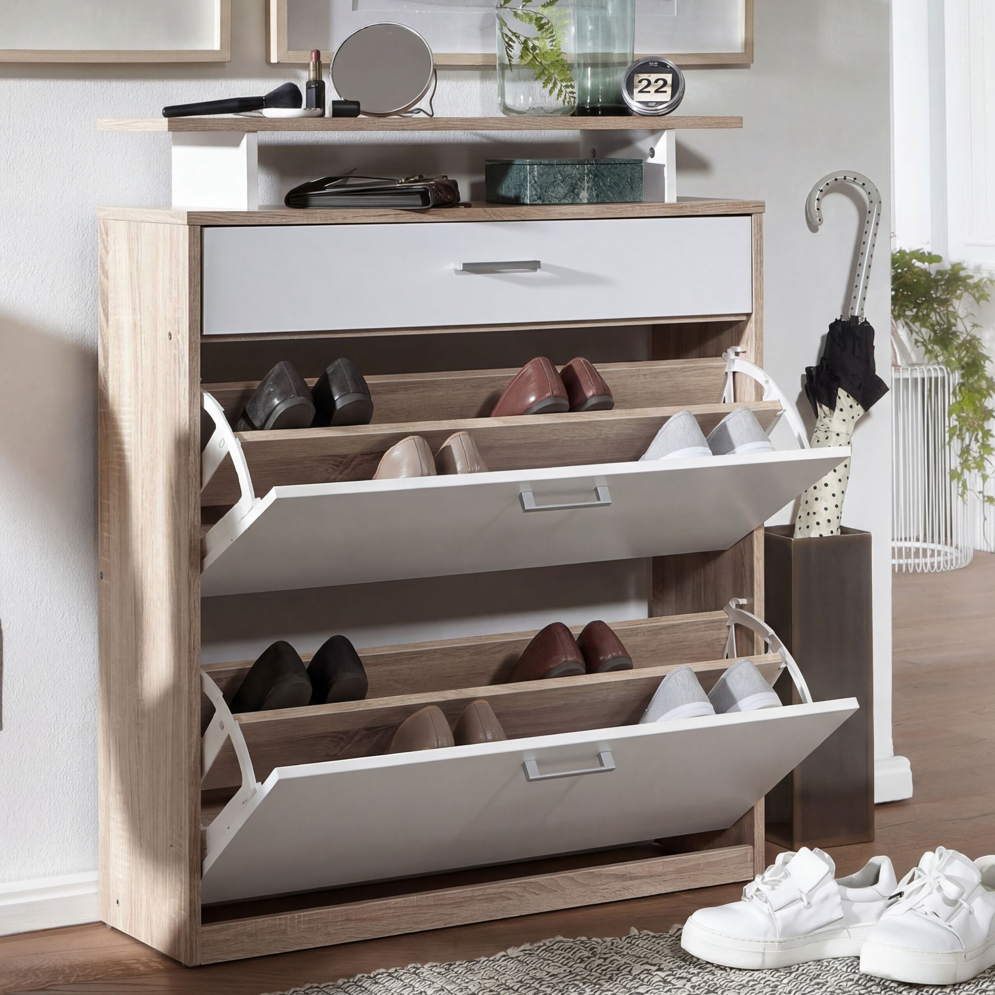 FINEBUY Schuhkipper FB42994 Schuhschrank Schuhregal 16 Paar Schuhe (80x95x24 cm, Schuhschrank Sonoma Eiche / Weiß), Schuhregal mit Ablage, Flurschrank mit Schublade